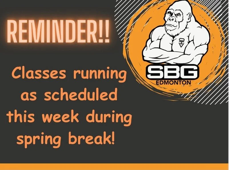 Classes are regular schedule this week Monday-Friday 

Saturday April 4th 
All levels BJJ 10am (no 9am and no kids comp)
Open Mat 11am
Monday April 6th
Open mat 10am
All regular classes cancelled
