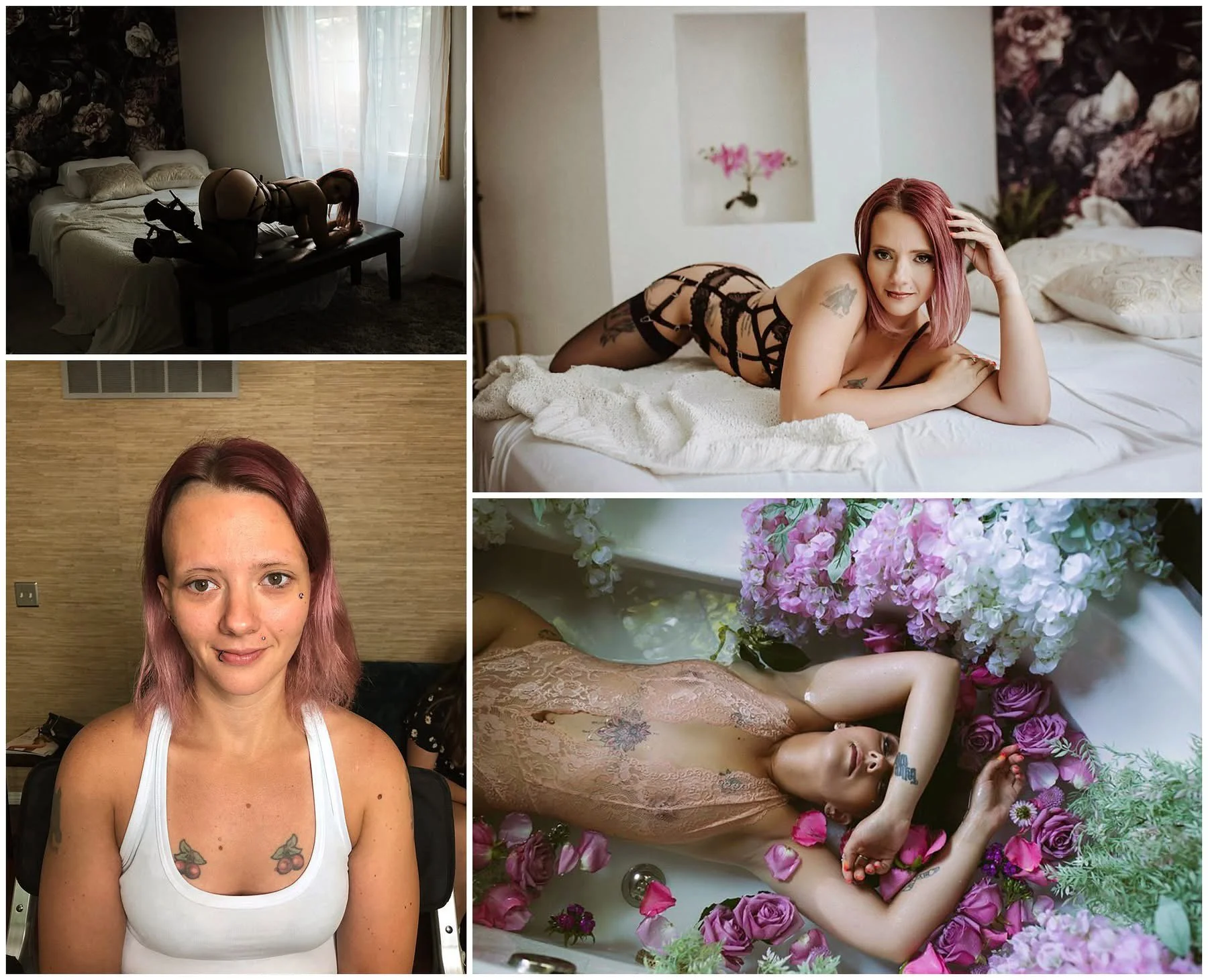 a collage of four photographs featuring a woman with pink hair and tattoos: one photo of her lying on a bed in black lingerie, another of her lying in a bathtub surrounded by pink and purple flowers, a third of her smiling and wearing a white tank to