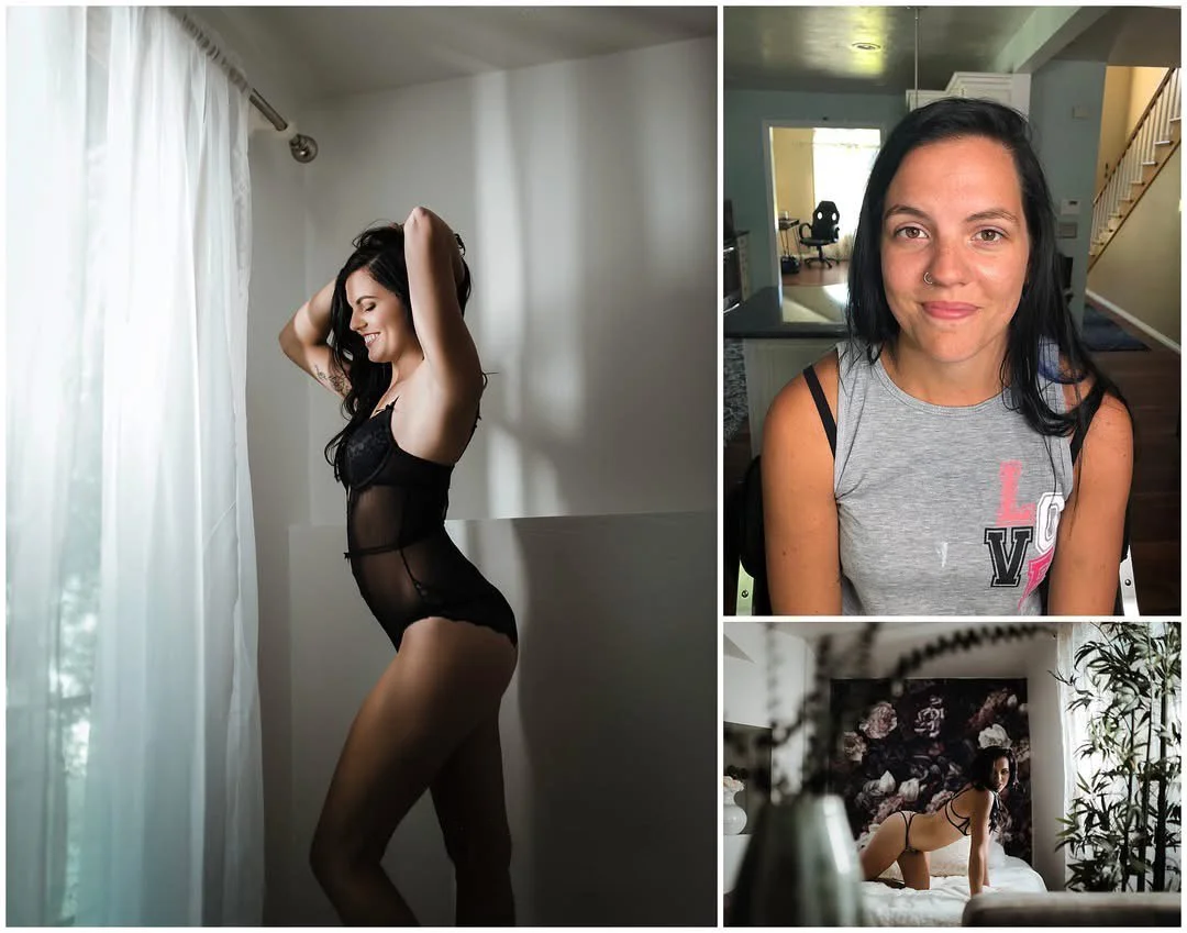 Collage of three photos: a woman in lingerie standing by a window, a woman with black hair and a nose ring smiling indoors, and a woman in black lingerie on a bed with floral wallpaper behind her.