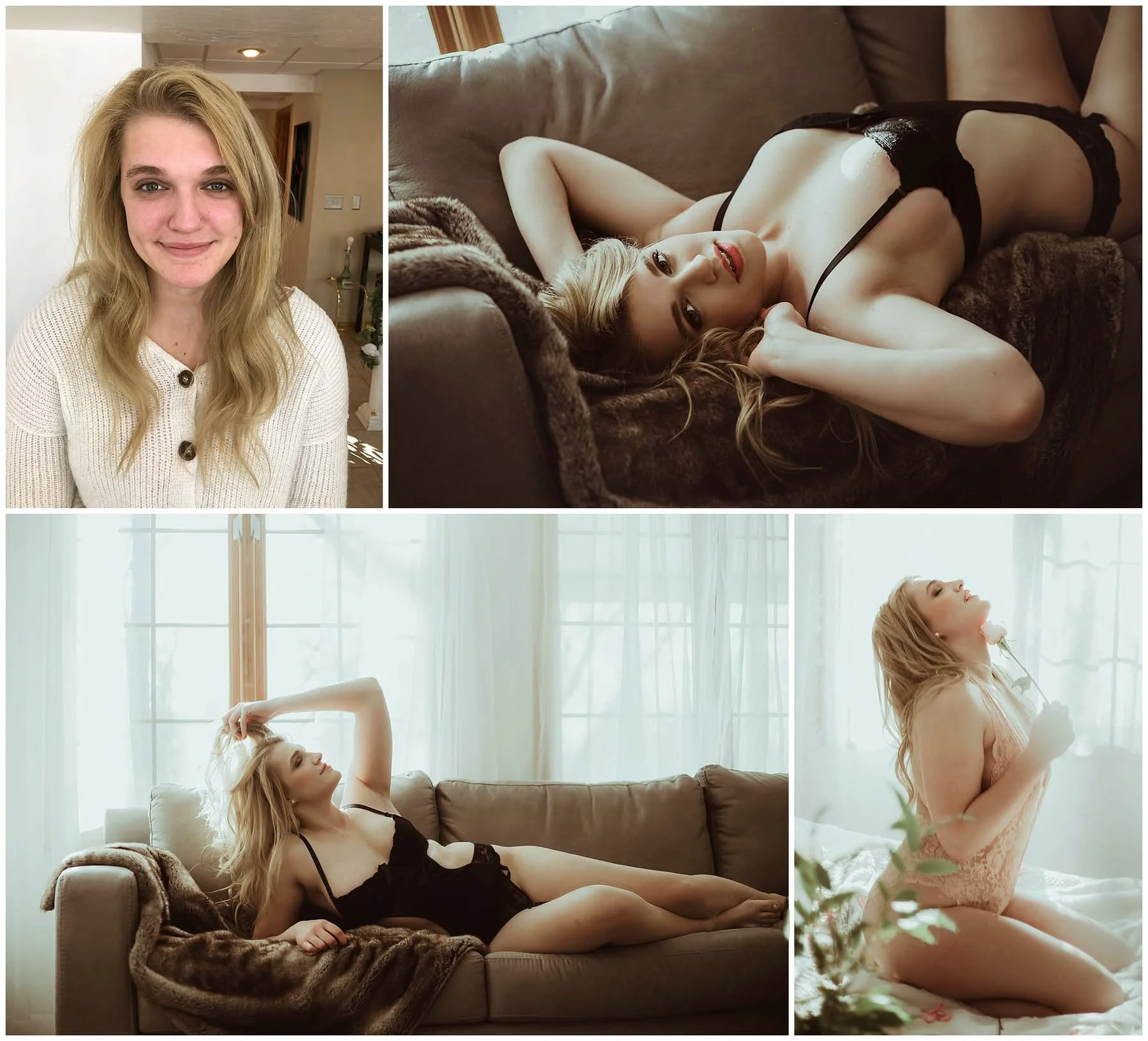 Collage of four images featuring a young woman with blonde hair in various poses and outfits, mainly lingerie and casual clothing, in a home setting with natural light.