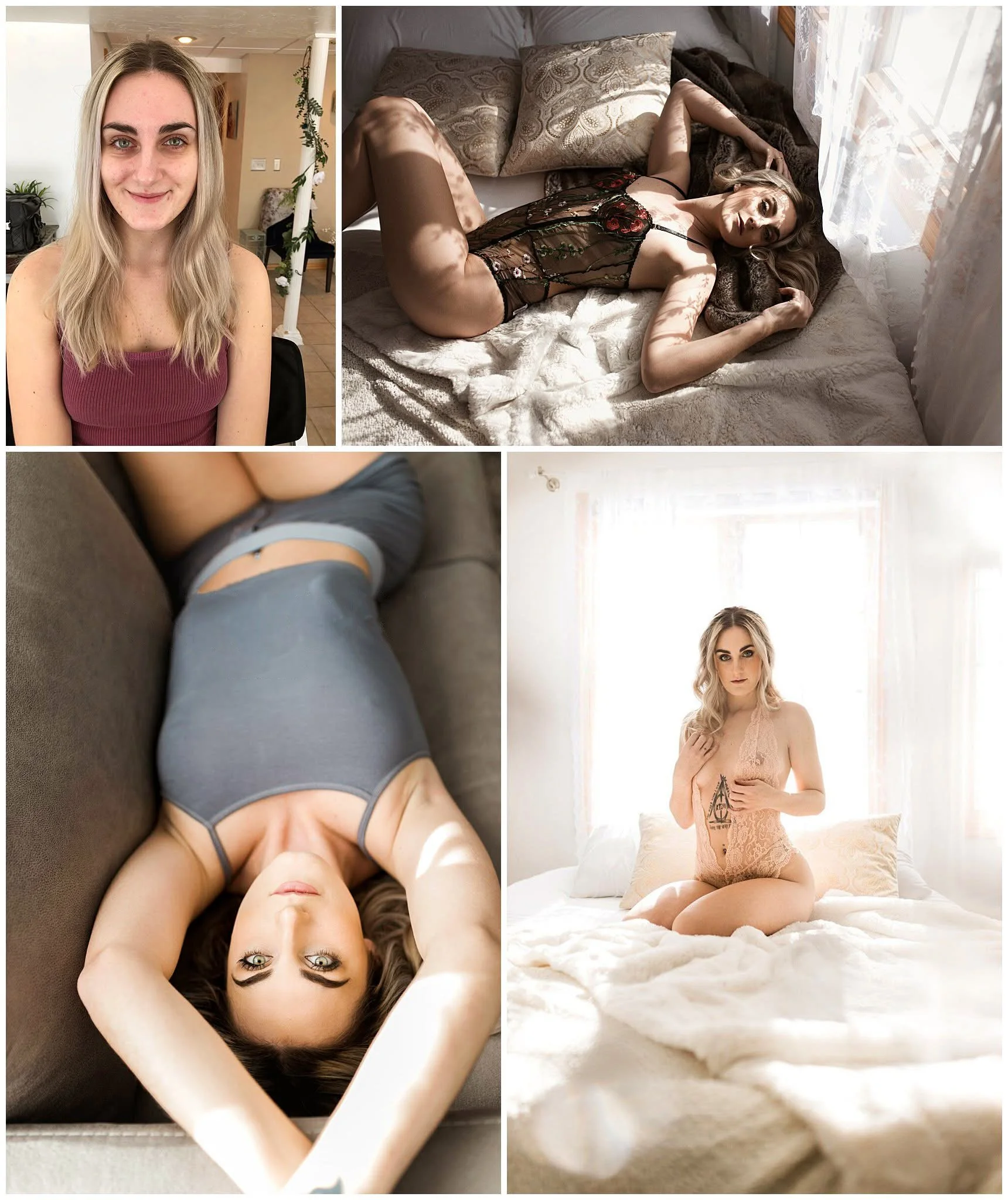 Collage of four photographs featuring a young woman with blonde hair in various poses and outfits. In the first image, she is smiling at the camera in an indoor setting. The second shows her lying on a bed in lingerie in sunlight. The third is an ove