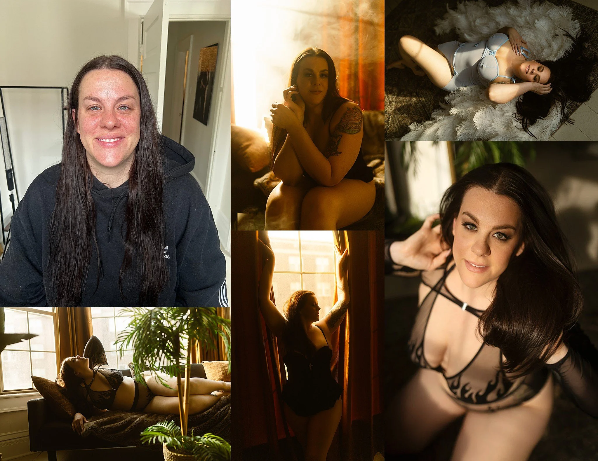 A collage of seven photos featuring women in various poses, some indoors with natural or warm lighting, others with artistic or provocative themes, including close-up portraits and full-body shots with lingerie and intimate settings.