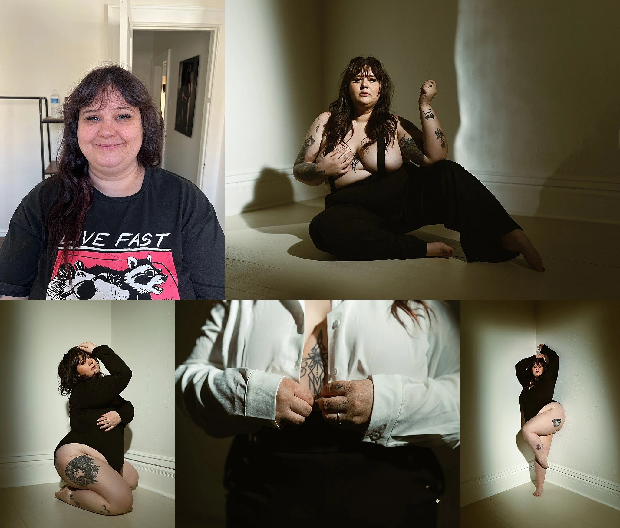 A collage of five photographs featuring a woman with tattoos and long dark hair in various poses, with a plain white wall background and a subdued lighting setting.