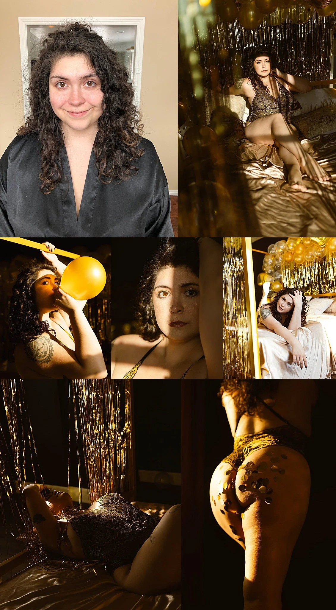 A collage of six photos features a woman with dark, curly hair in various settings and poses, some wearing lingerie, with gold balloons and shiny gold decorations in a dimly lit room.