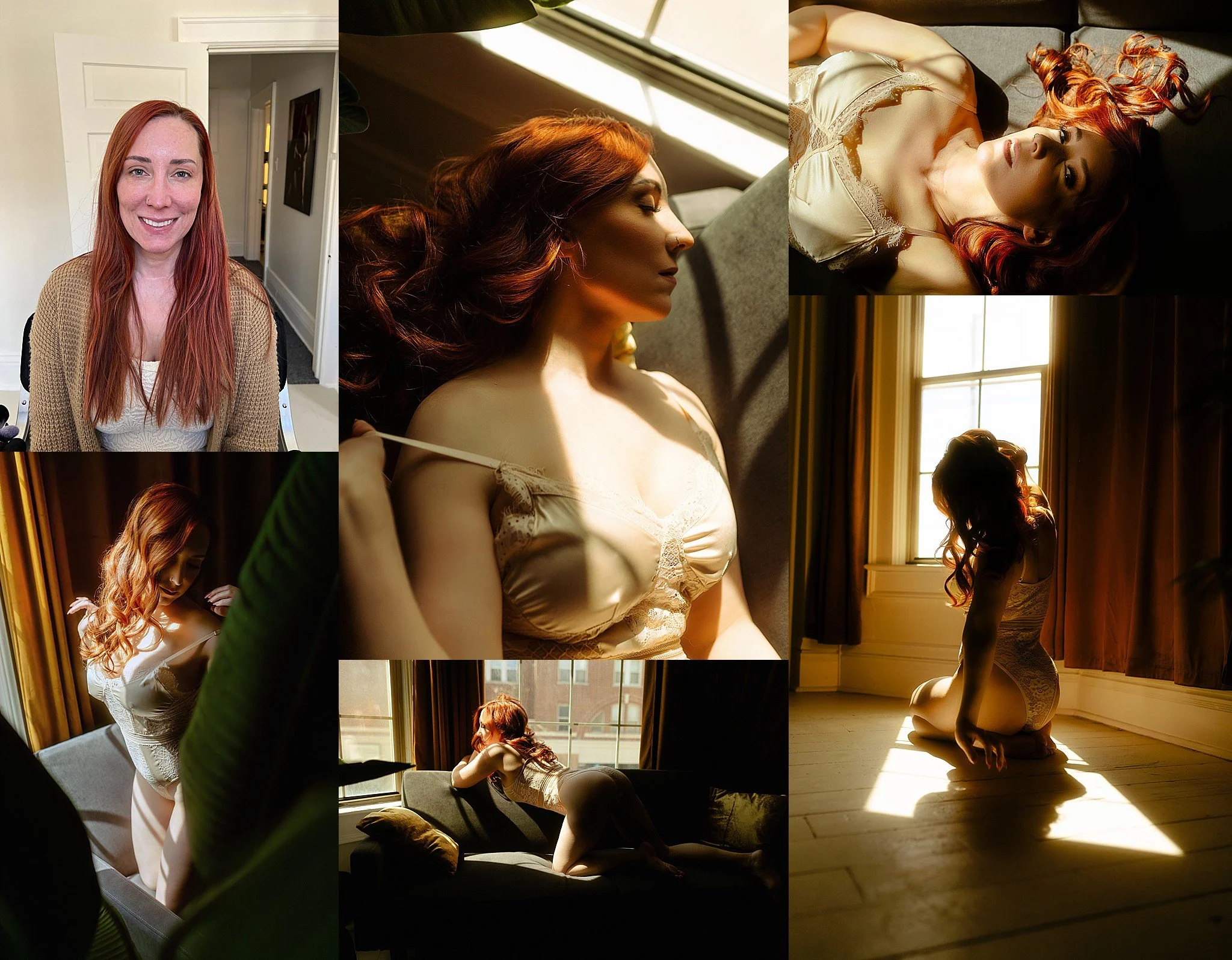 A collage of photos showing a woman with long red hair in various poses and settings indoors near windows, with natural light creating warm, soft shadows.