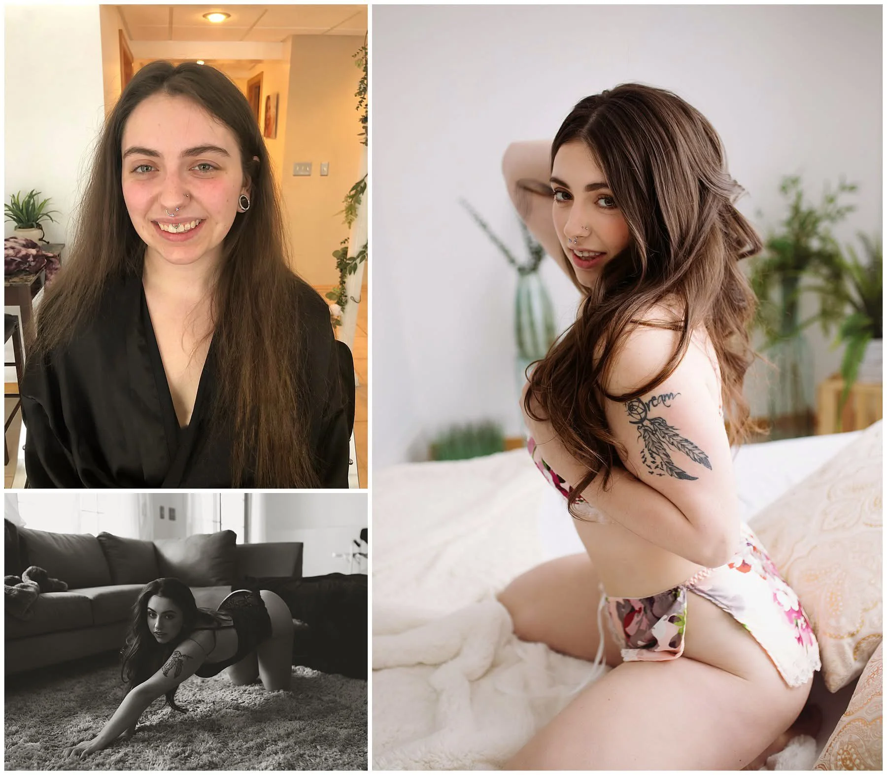A collage of three photos of a young woman. The top left is a color image of her with long brown hair, smiling with braces and piercings, wearing a black robe indoors. The bottom left is a black-and-white photo of her on all fours on a carpet, wearin