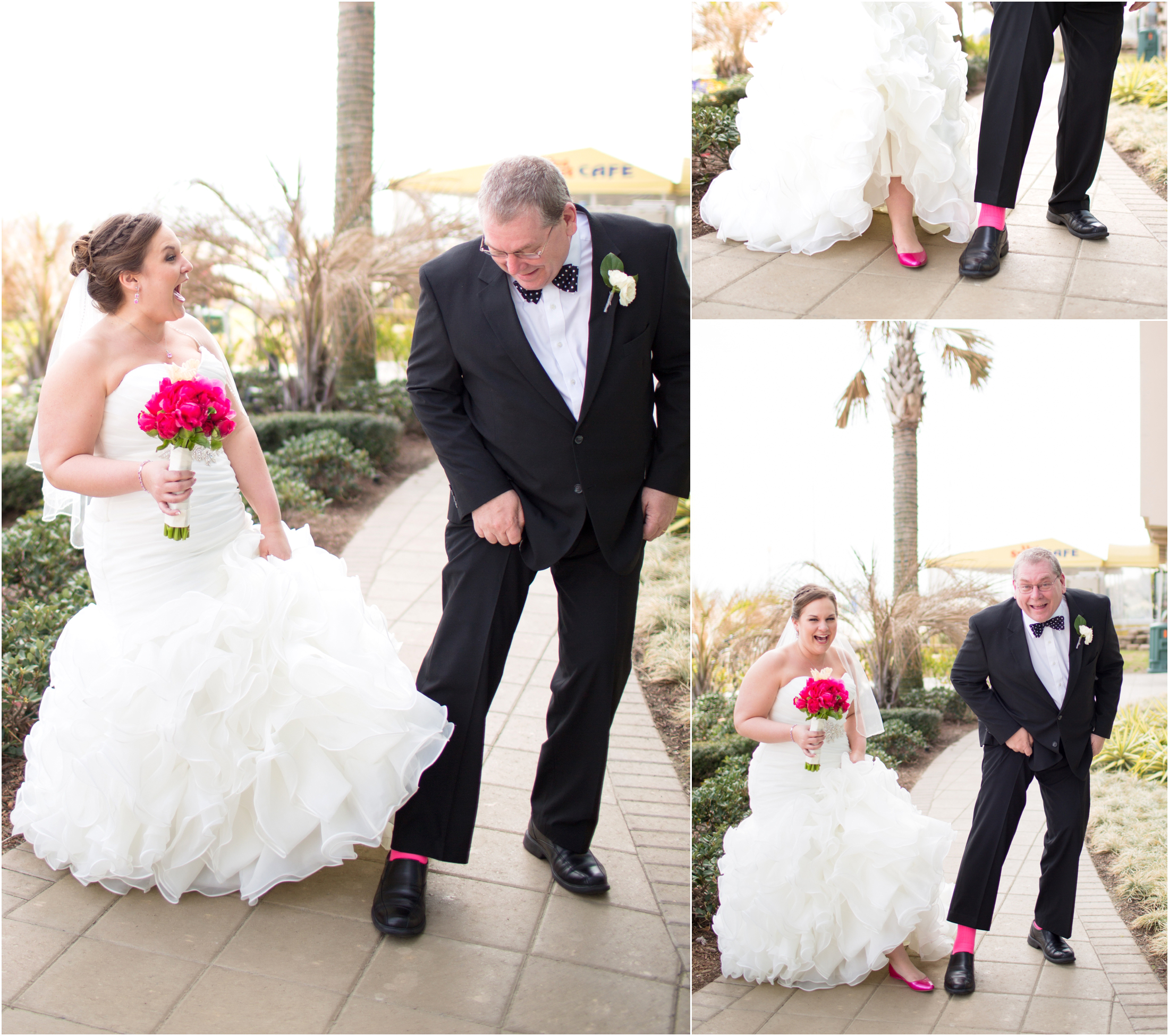  If you don't know Molly, her favorite color is pink. Her dad came out and surprised her by wearing hot pink socks for the wedding!! It was such a fun reveal moment!!&nbsp; 