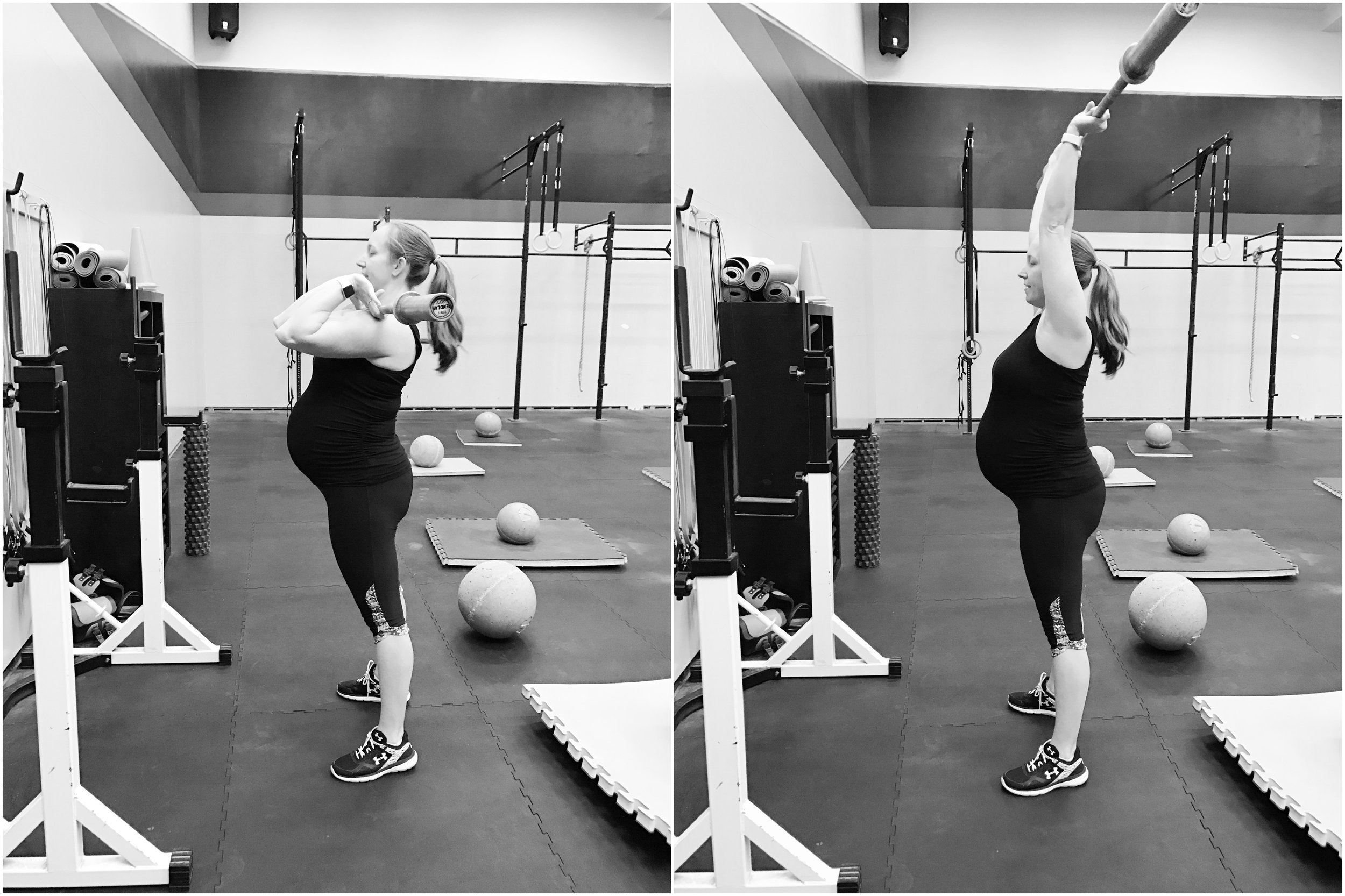  Push press! In the first and second trimester I did 65lbs but in the third trimester I used just the bar which is 35lbs. 