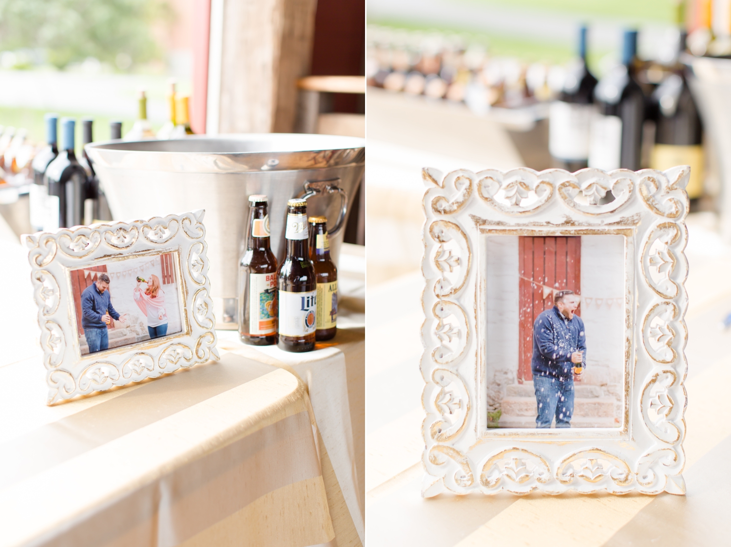  These pictures were from   their engagement session   where they popped open a bottle of champagne and it spilled ALL over Mike!! I love that they framed it for their wedding and had it at the bar! 