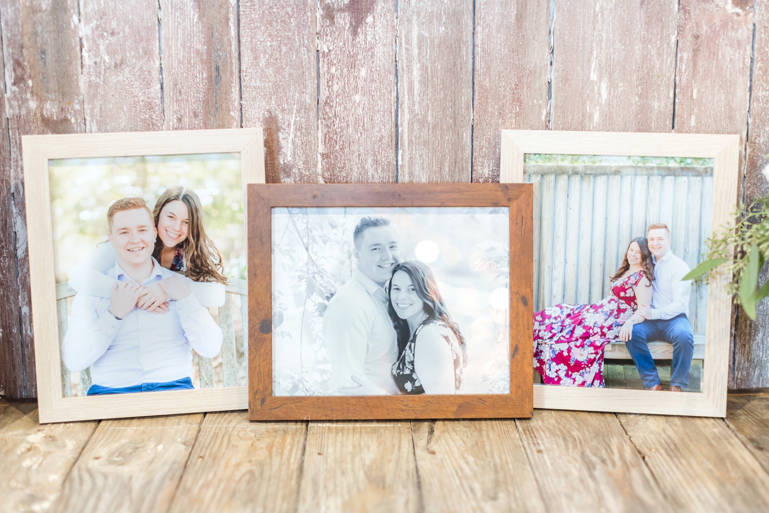  I love when the engagement pictures get framed as decor for the wedding. Adorable!  