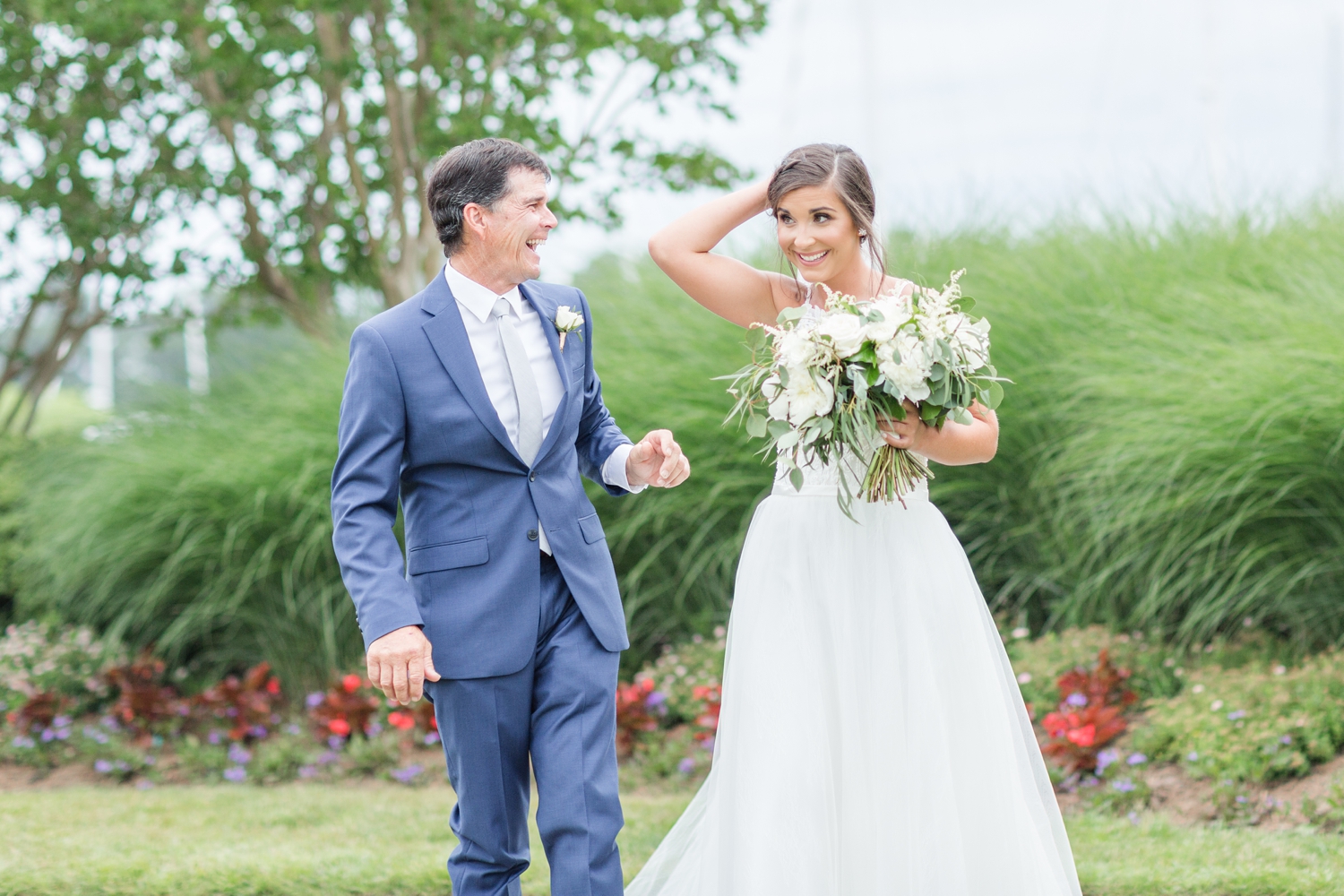 The veil fell out as Jamie was walking down the aisle! Everyone had a good laugh.