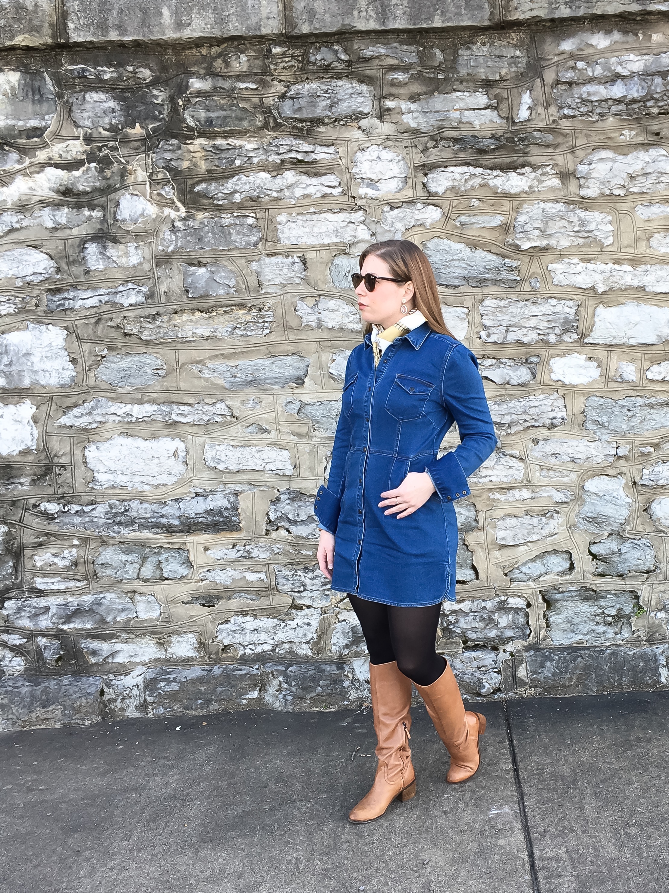 denim dress with black tights