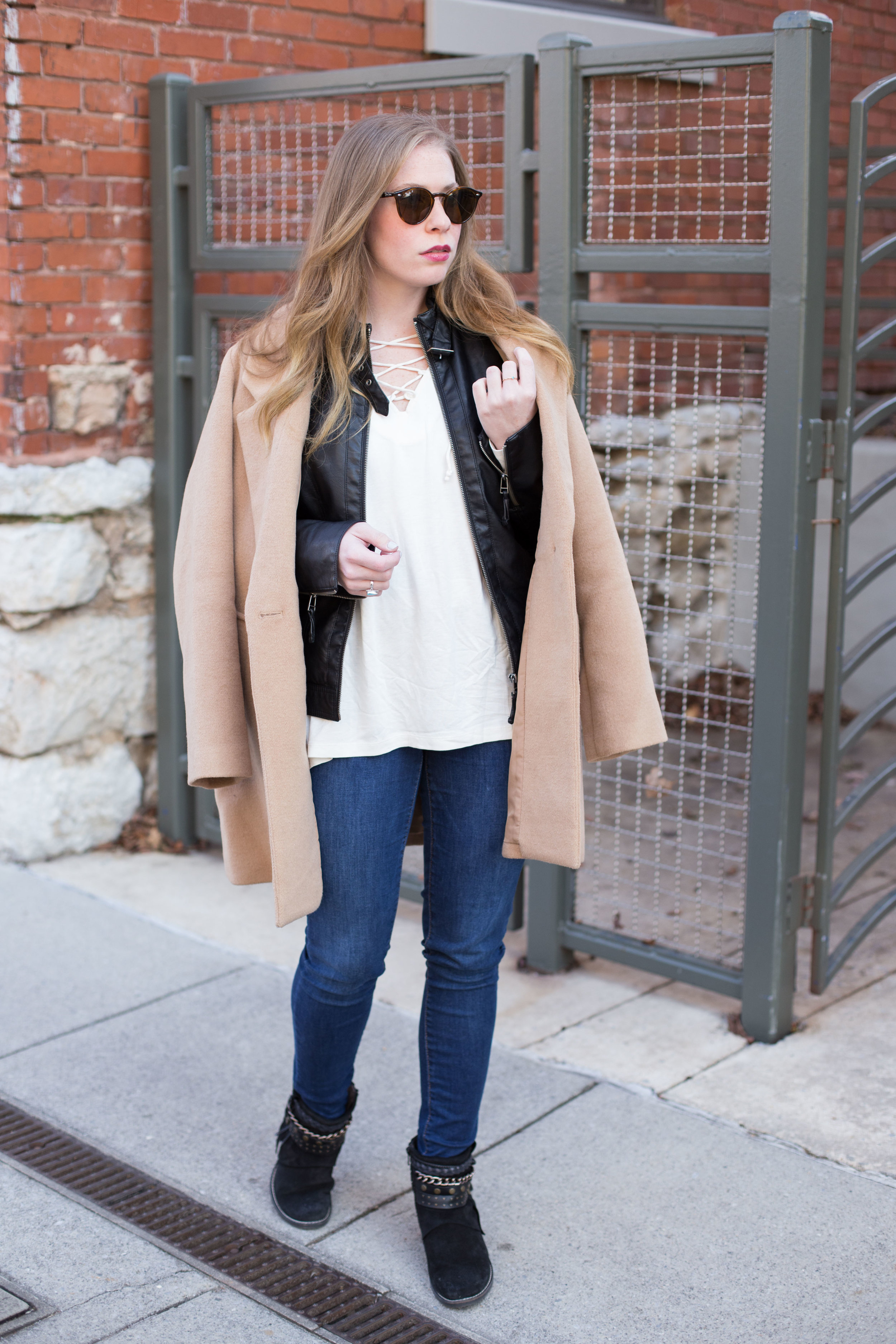 I can't get enough winter weather layering basics, like this leather jacket, overcoat in the perfect shade of camel, and simple blouse with lace-up detail. 