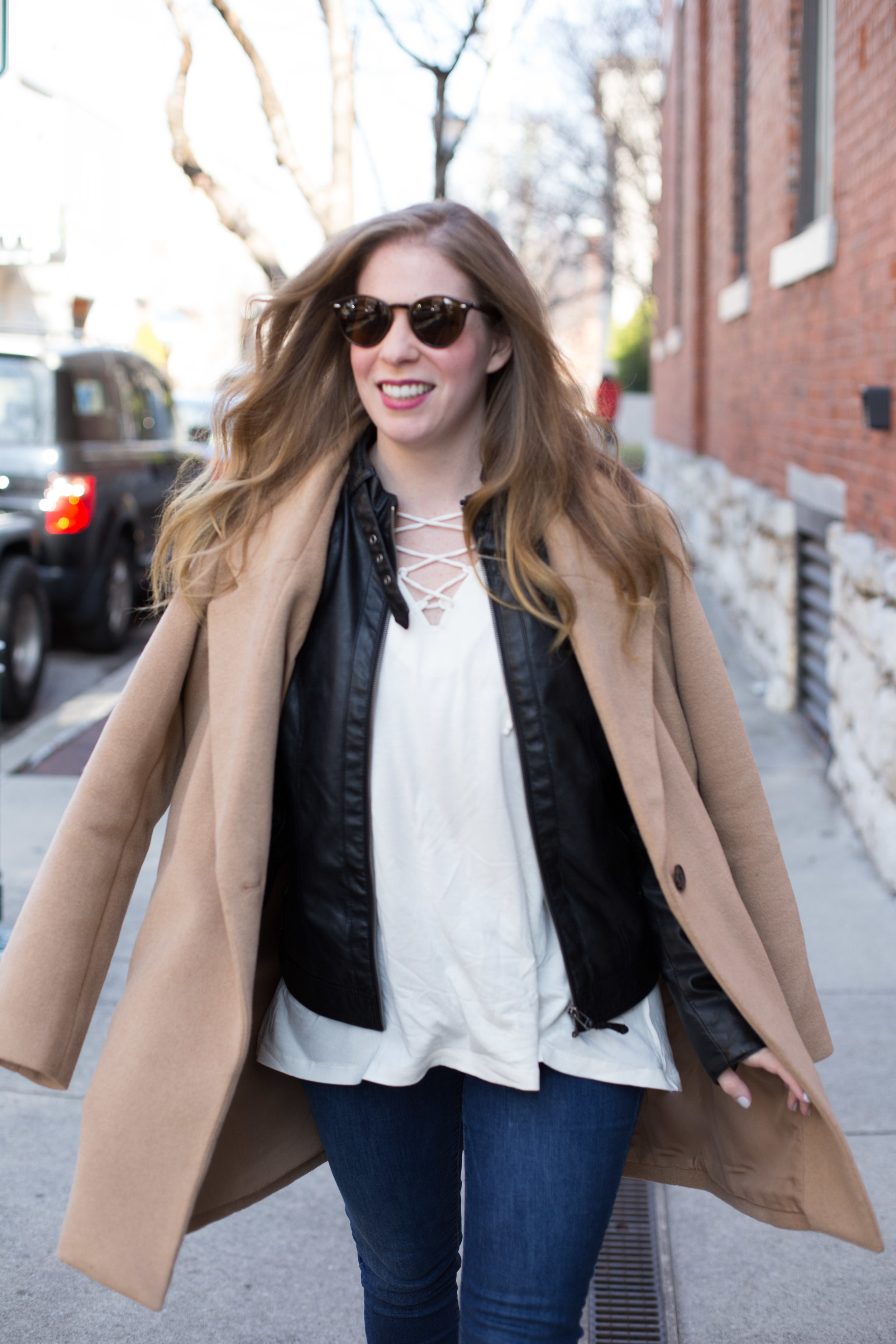 I can't get enough winter weather layering basics, like this leather jacket, overcoat in the perfect shade of camel, and simple blouse with lace-up detail. 