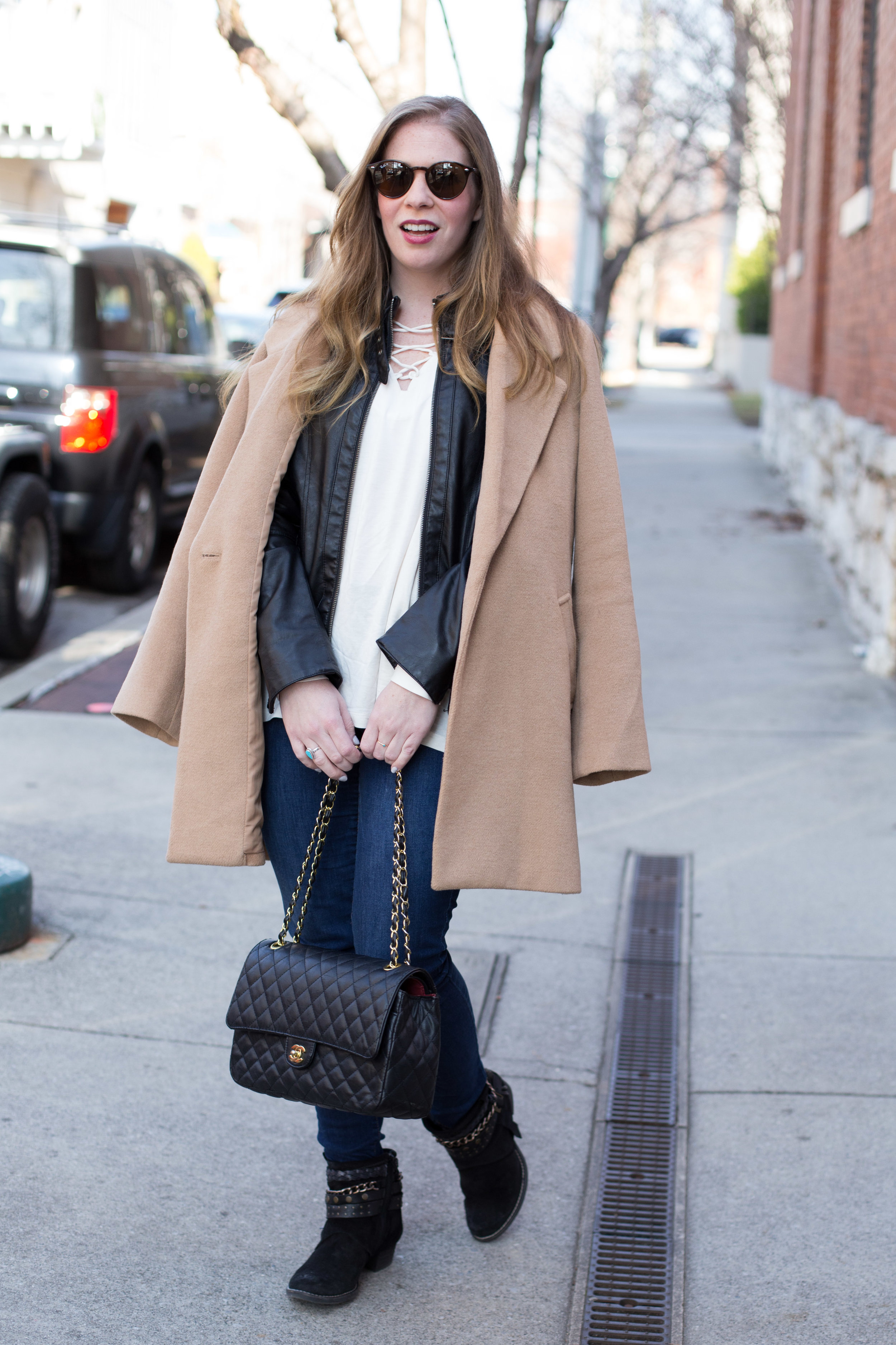 I can't get enough winter weather layering basics, like this leather jacket, overcoat in the perfect shade of camel, and simple blouse with lace-up detail. 