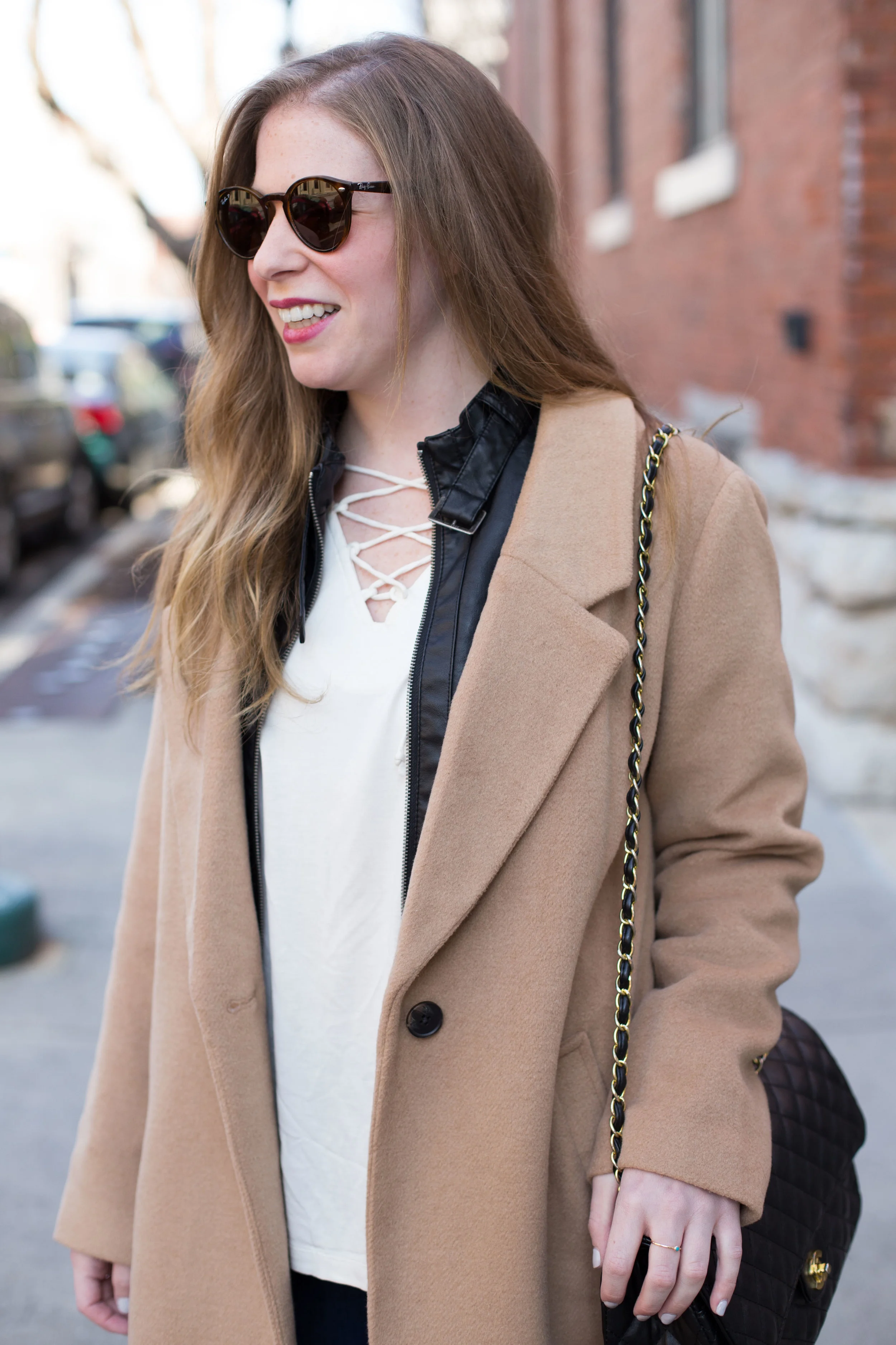 I can't get enough winter weather layering basics, like this leather jacket, overcoat in the perfect shade of camel, and simple blouse with lace-up detail. 