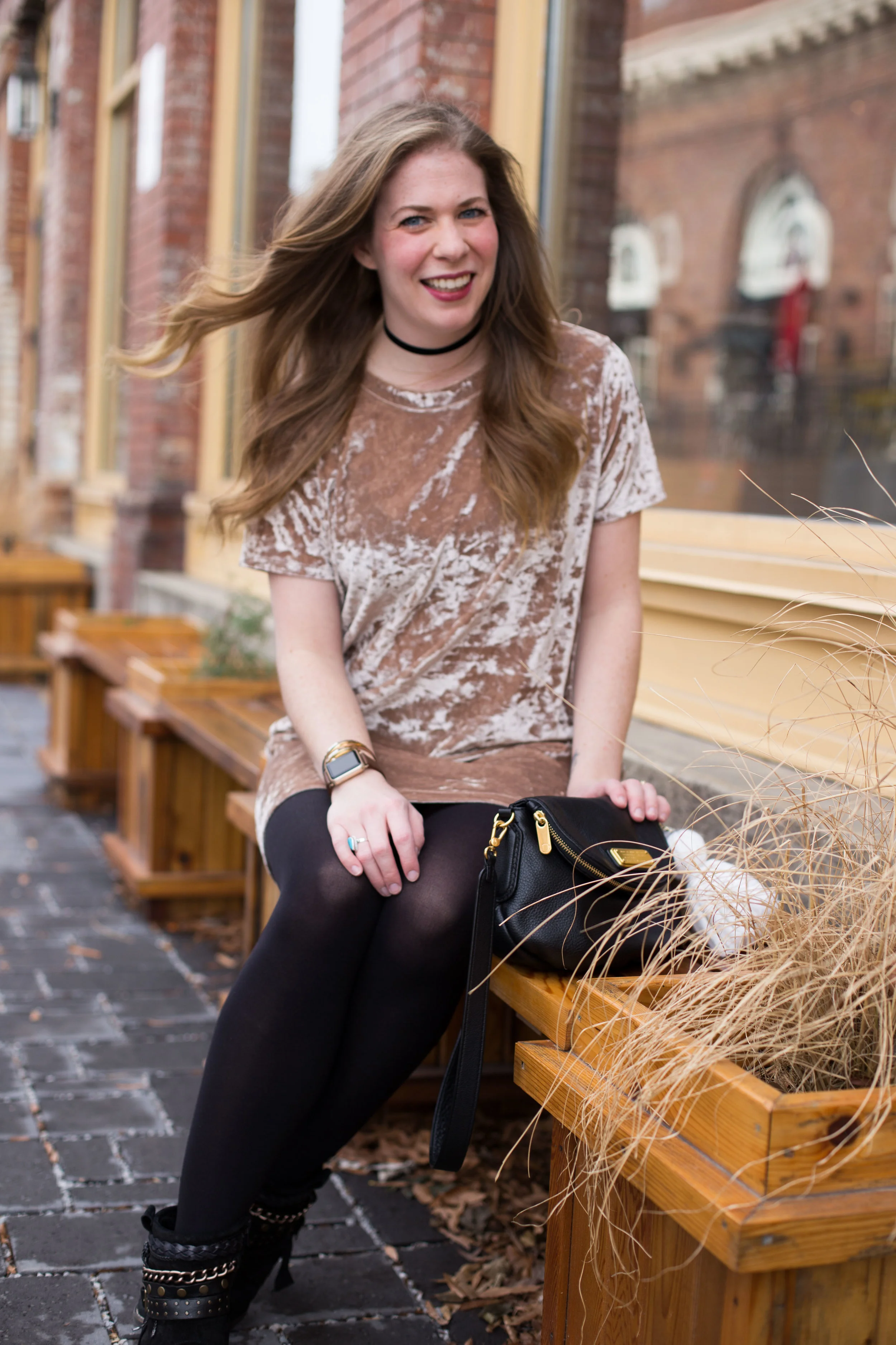 My favorite velvet shirt dress styled with black tights and funky boots + a handmade tassel DIY perfect for adding flare to your favorite handbag! 