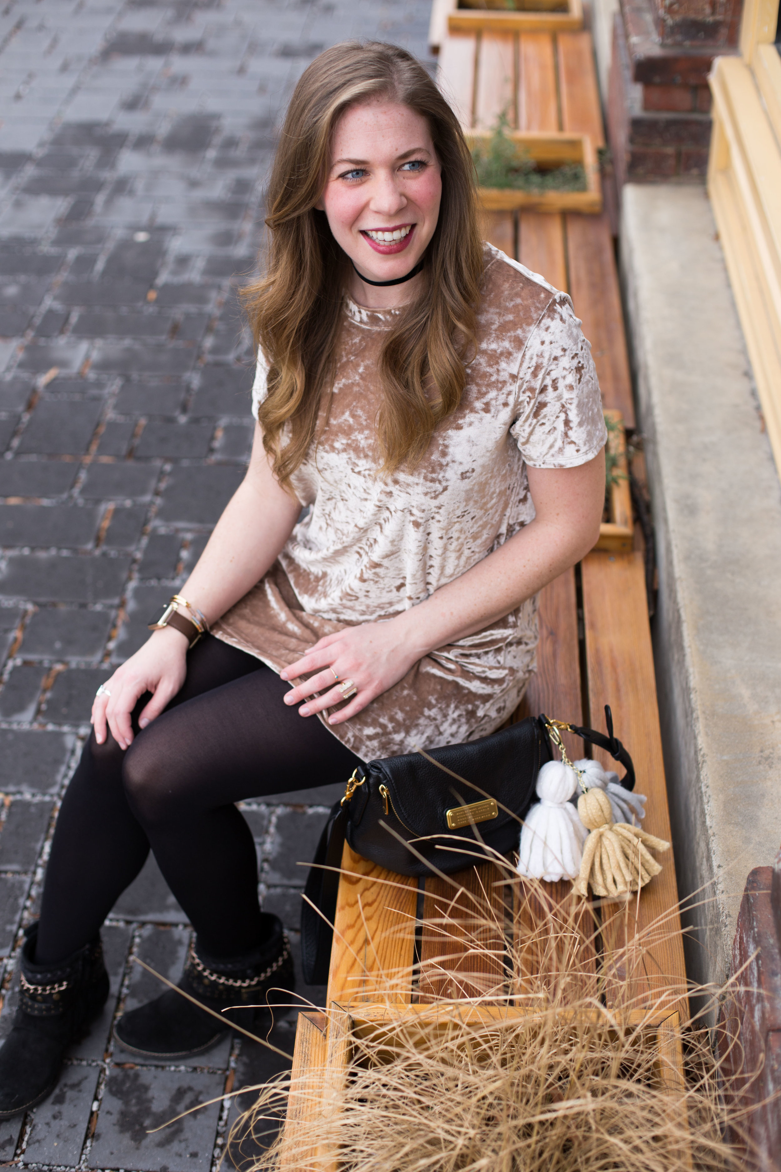 My favorite velvet shirt dress styled with black tights and funky boots + a handmade tassel DIY perfect for adding flare to your favorite handbag! 