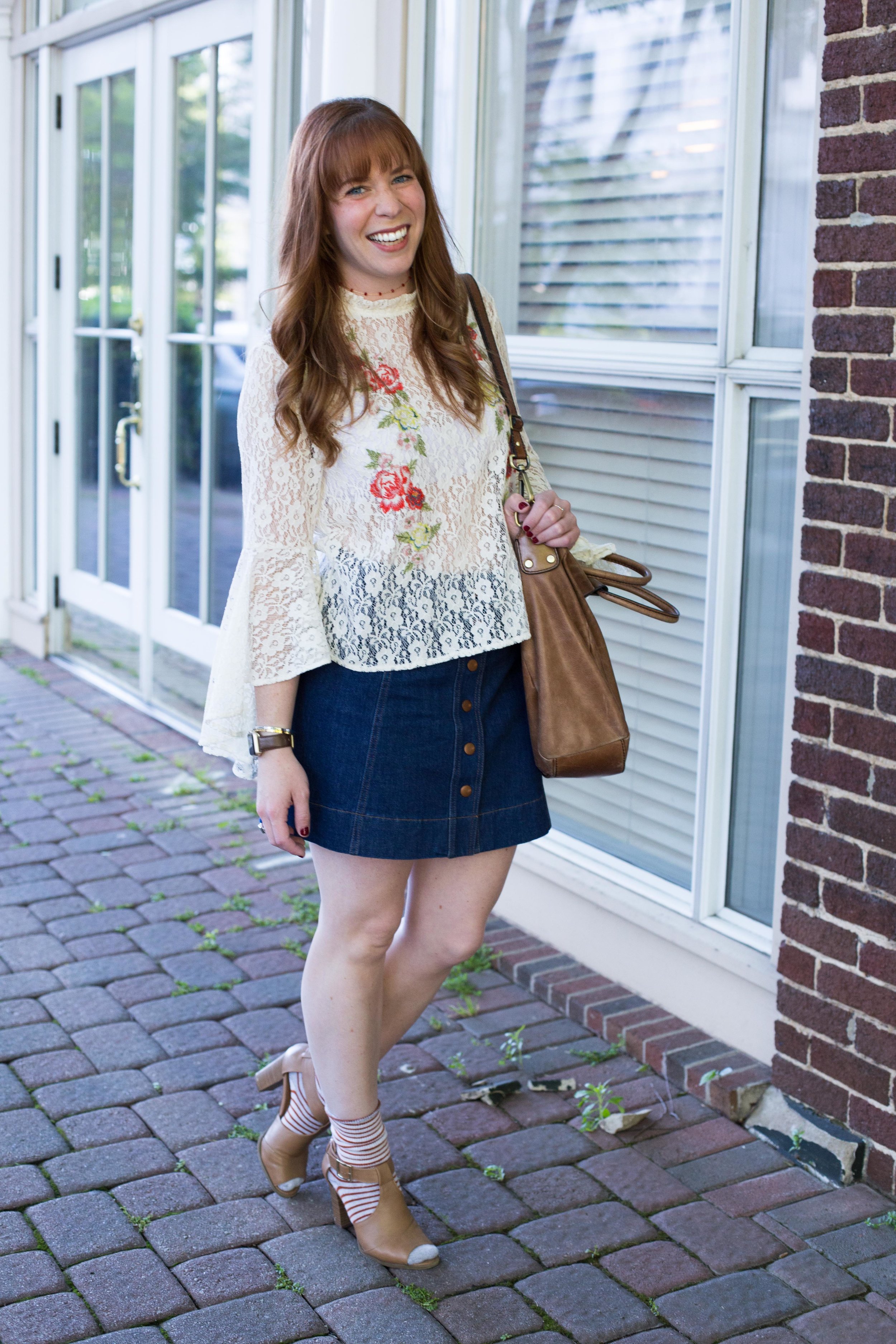 Outfit details that harken back to the 60s are pretty much my favorite thing. Lace, bell sleeves, embroidery, and denim. This summer outfit is a winner. 
