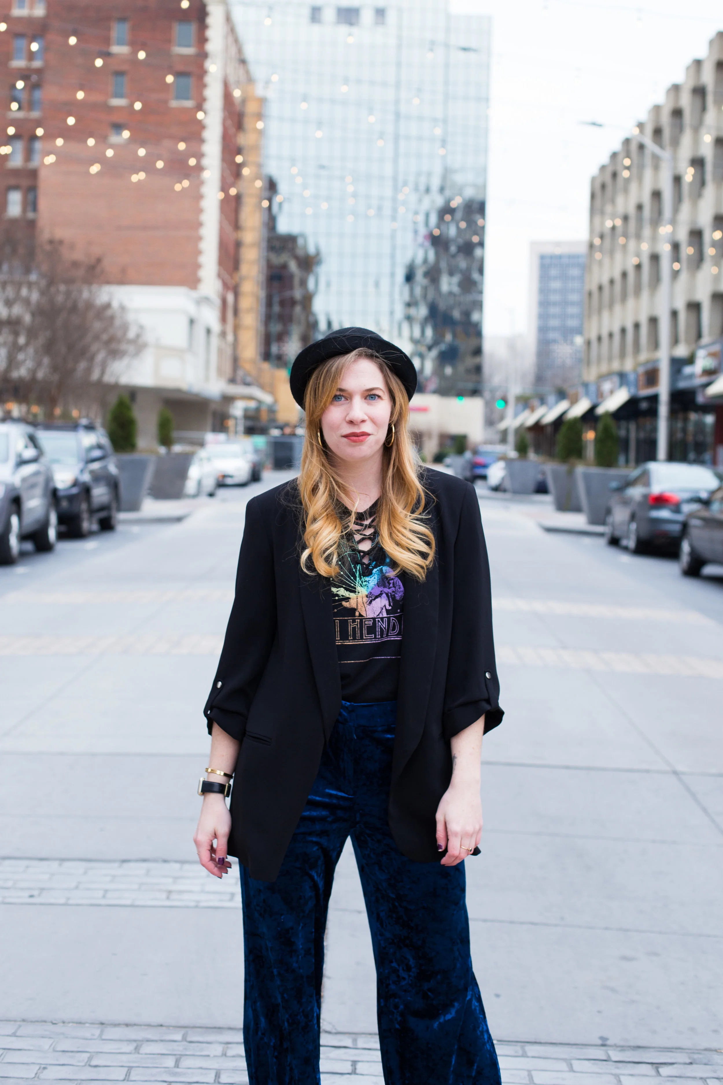 Blue Velvet Pants. Jimi Hendrix Shirt. Black Derby Hat. 