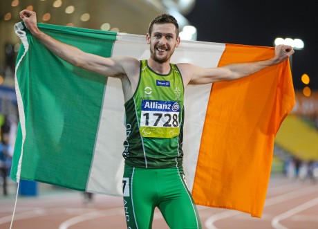 30 October 2015; Ireland's Michael McKillop, from Glengormley, Co. Antrim, celebrates after coming first in his Men's 1500m T37 final with a time of 4:16.19. IPC Athletics World Championships. Doha, Qatar. Picture credit: Marcus Hartmann / SPORTSFILE *** NO REPRODUCTION FEE ***