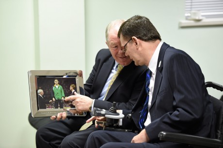 21 January 2016; OCS Limited announced as sponsors of the 2016 Irish Paralympic Team and the 2016 OCS Irish Paralympic Awards. Pictured at the announcement is Michael Ring, T.D., Minister of State for Tourism & Sport, with James Gradwell, President, Paralympics Ireland, after he was presented with a picture of himself presenting a medal to Ireland's Jason Smyth at the London 2012 Paralympic Games. OCS Limited, Airways Industrial Estate, Dublin. Picture credit: Stephen McCarthy / SPORTSFILE *** NO REPRODUCTION FEE ***