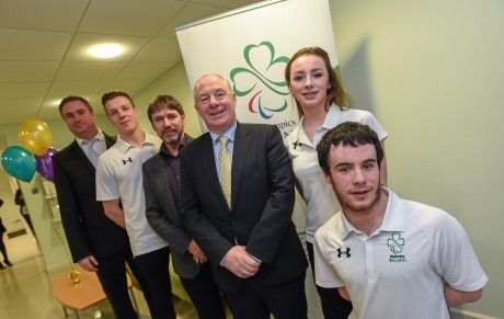 21 January 2016; OCS Limited announced as sponsors of the 2016 Irish Paralympic Team and the 2016 OCS Irish Paralympic Awards. Pictured at the announcement is Michael Ring, T.D., Minister of State for Tourism & Sport, with, from right to left, James Scully and Ellen Keane, Paralympic swimmers, Denis Twomey, Chef de Mission for the Irish Paralympic team for the 2016 Games in Rio, Luke Evans, captain, 7-a-side football team, and Dave Molone, Performance Director, Paralympics Ireland. OCS Limited, Airways Industrial Estate, Dublin. Picture credit: Stephen McCarthy / SPORTSFILE *** NO REPRODUCTION FEE ***