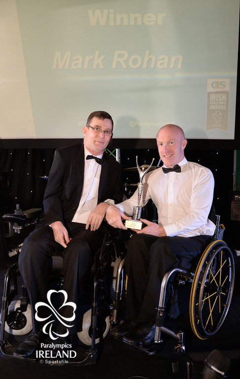   Mark Rohan, right Hall of Fame inductee, with Paralympics Ireland President Jimmy Gradwell, at the OCS Irish Paralympic Awards  