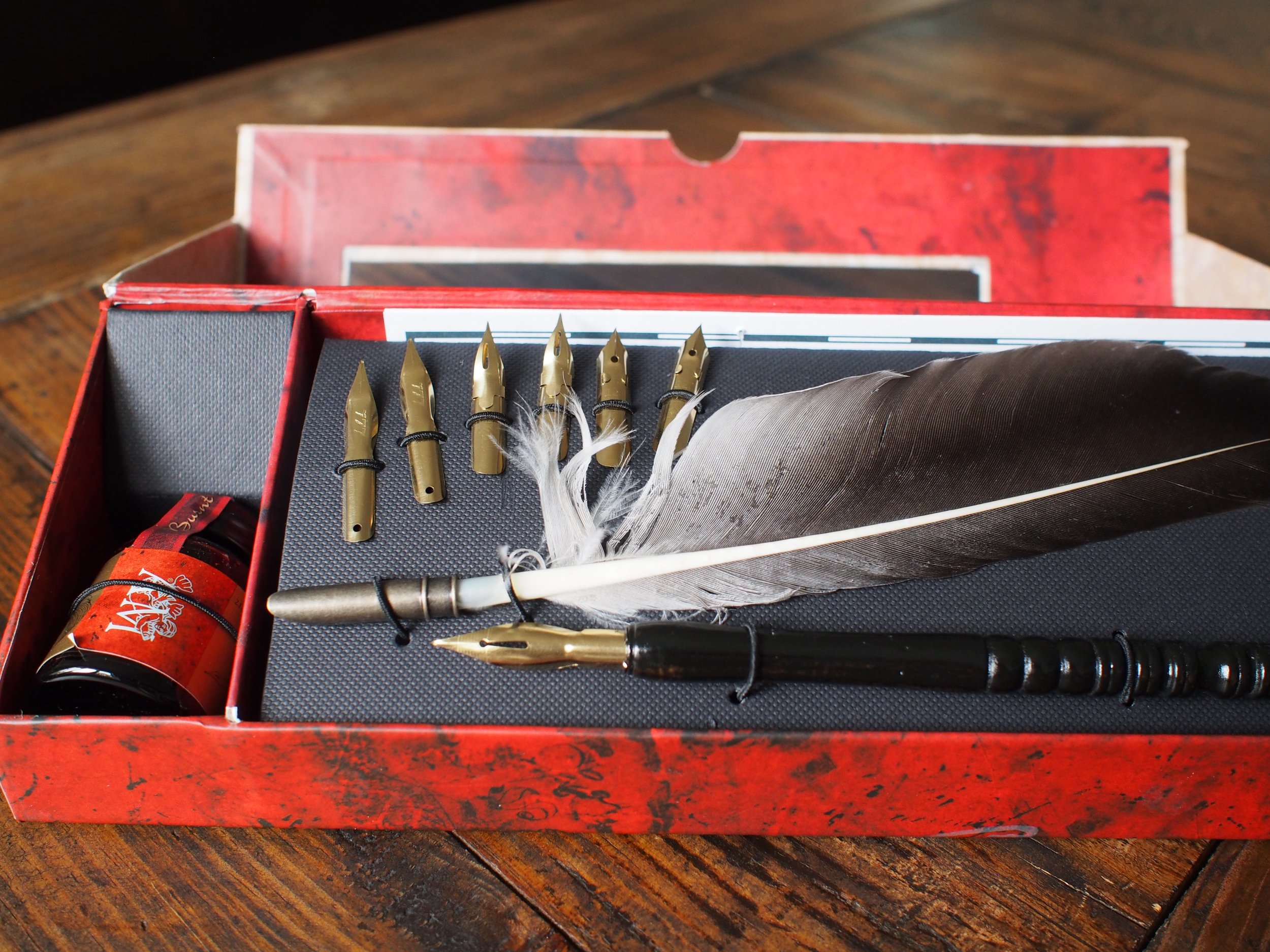 Set includes couple dip pens, nibs and ink