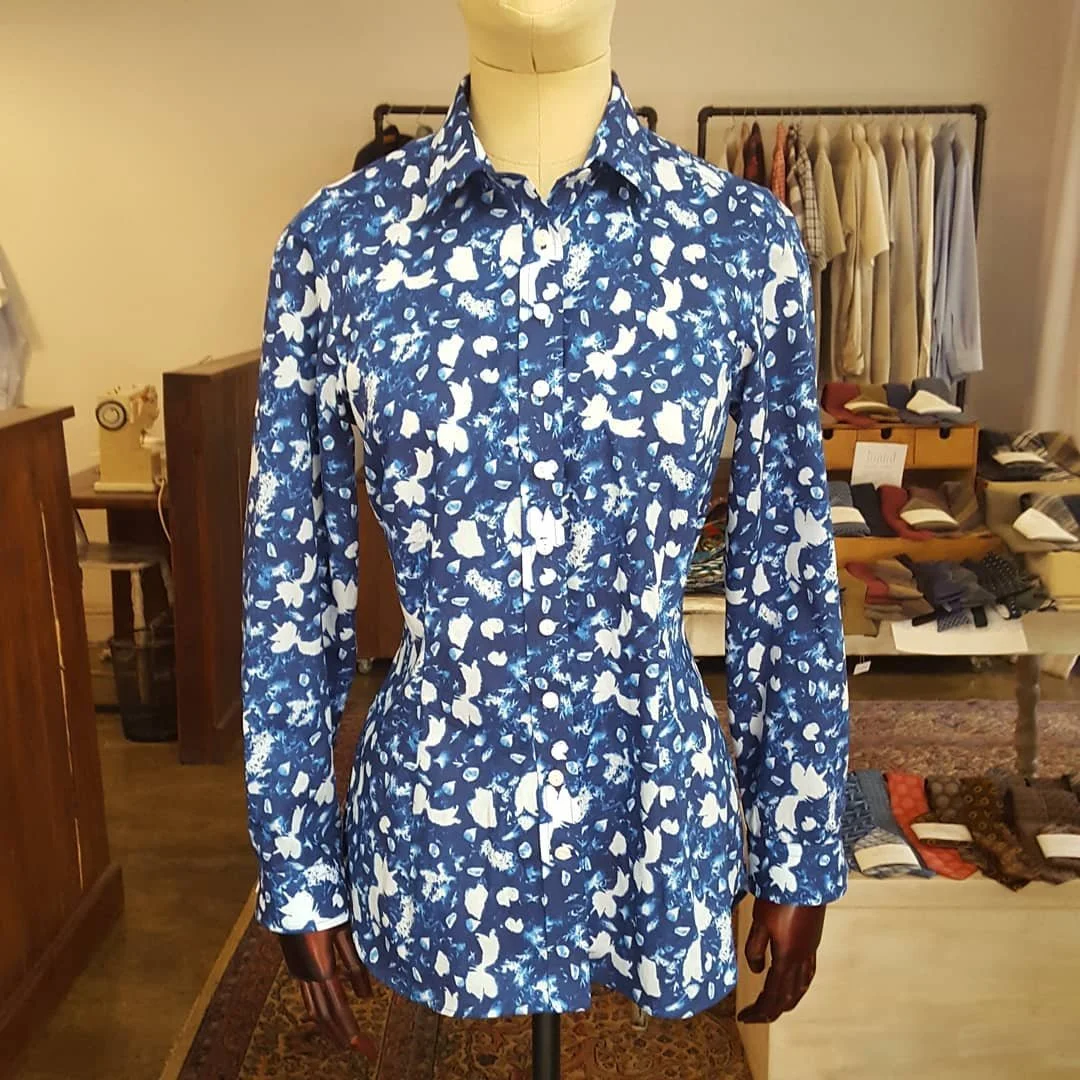 The fabric for this shirt is made by @libertylondon. The client's daughter brought it back for her as a present after a trip to the UK.  We would normally use such a bold print for a short sleeve shirt, or perhaps a dress, but the client decided on a
