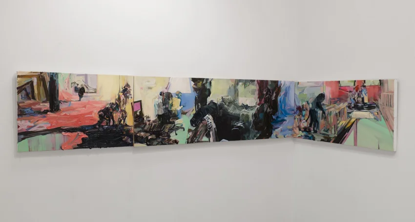 Death Has Come To All Of Us Except You, 2015, oil on canvas and oil on wood, 23.5in x 159in