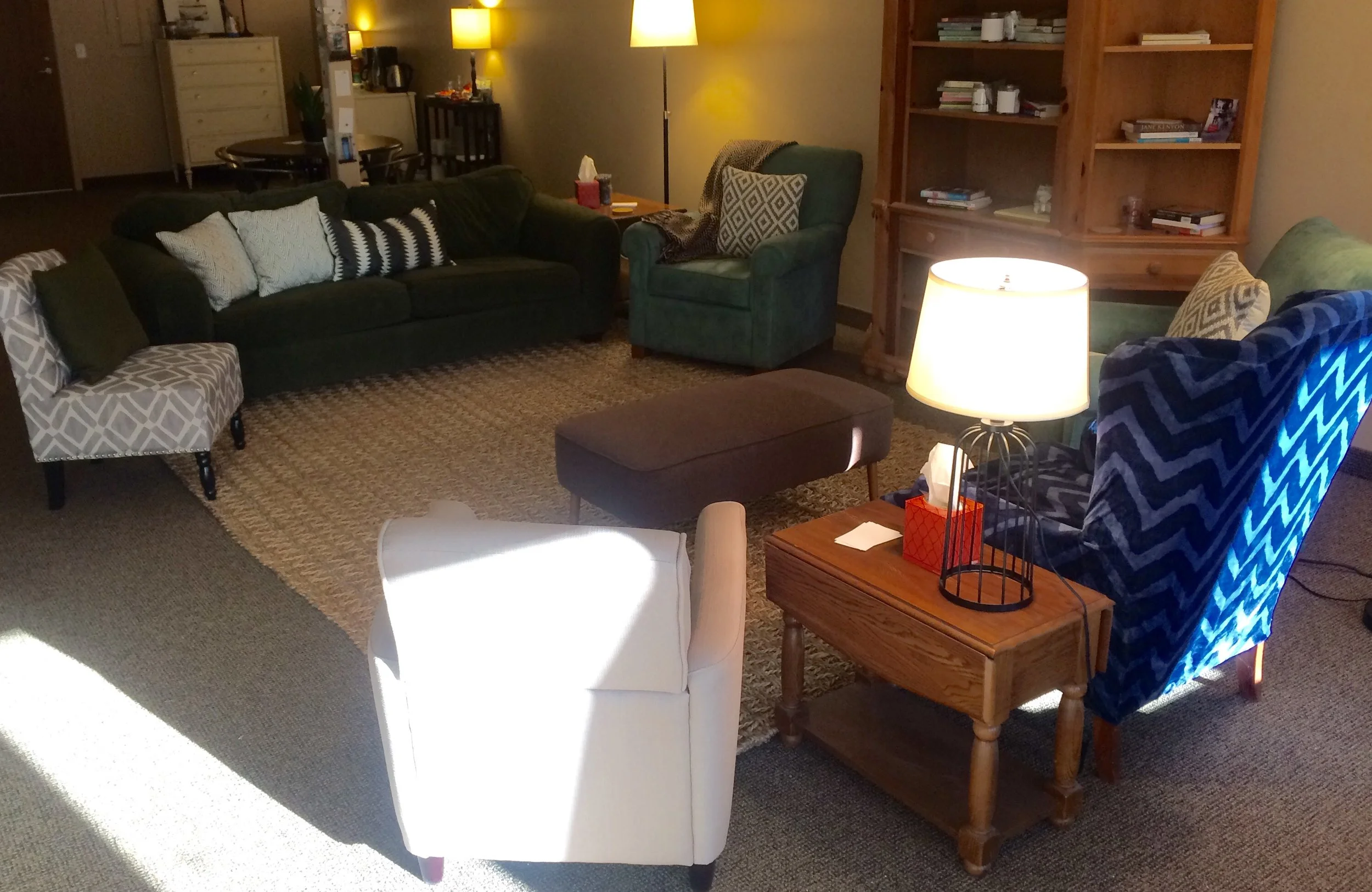 The writing circle in the current studio space... soon to include a view of a pond, flowers, and herons and even more natural light!