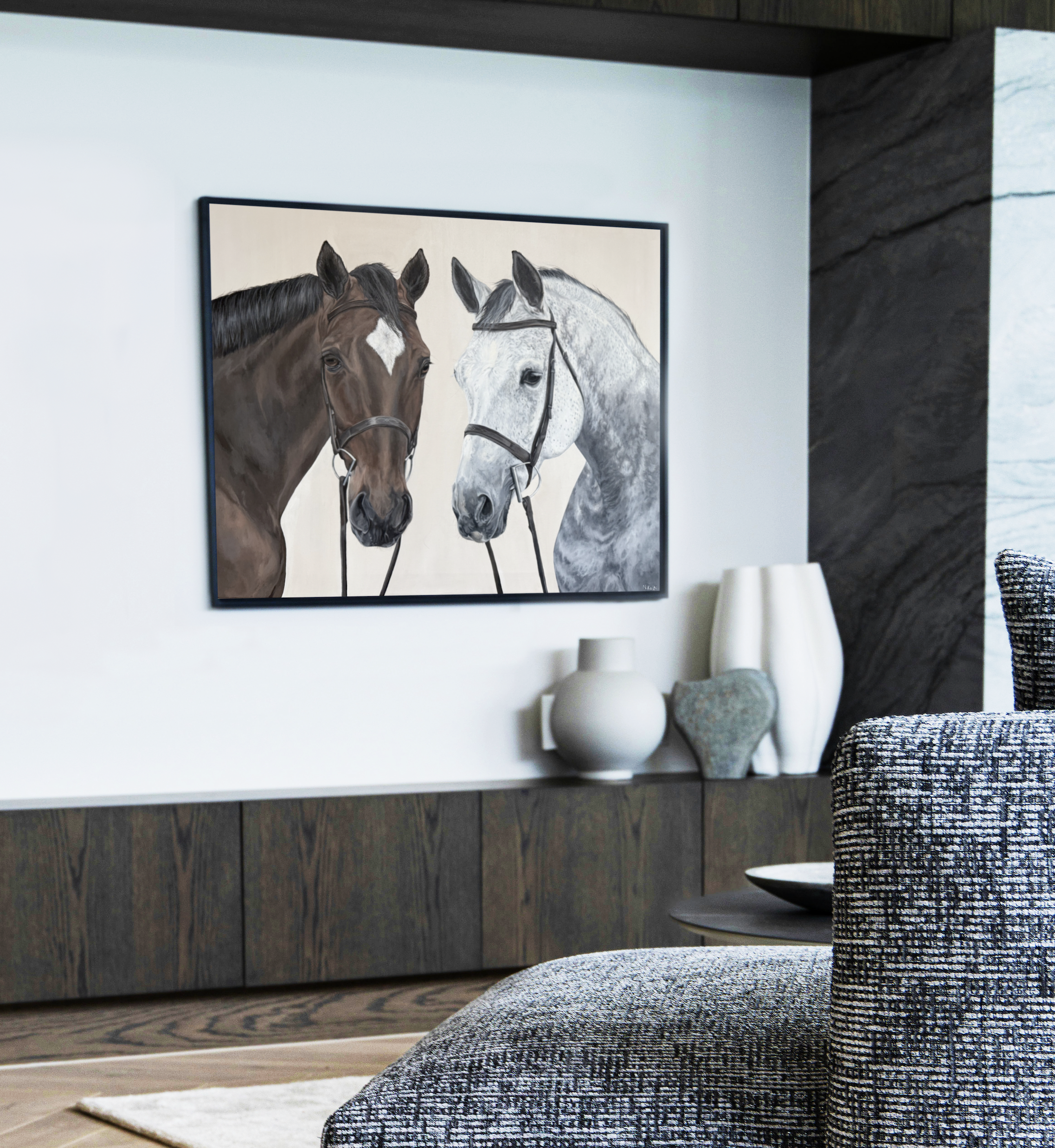 Custom realistic horse portrait entitled The Hunters by Canadian artist Carolyn Nikolai on display in living room setting