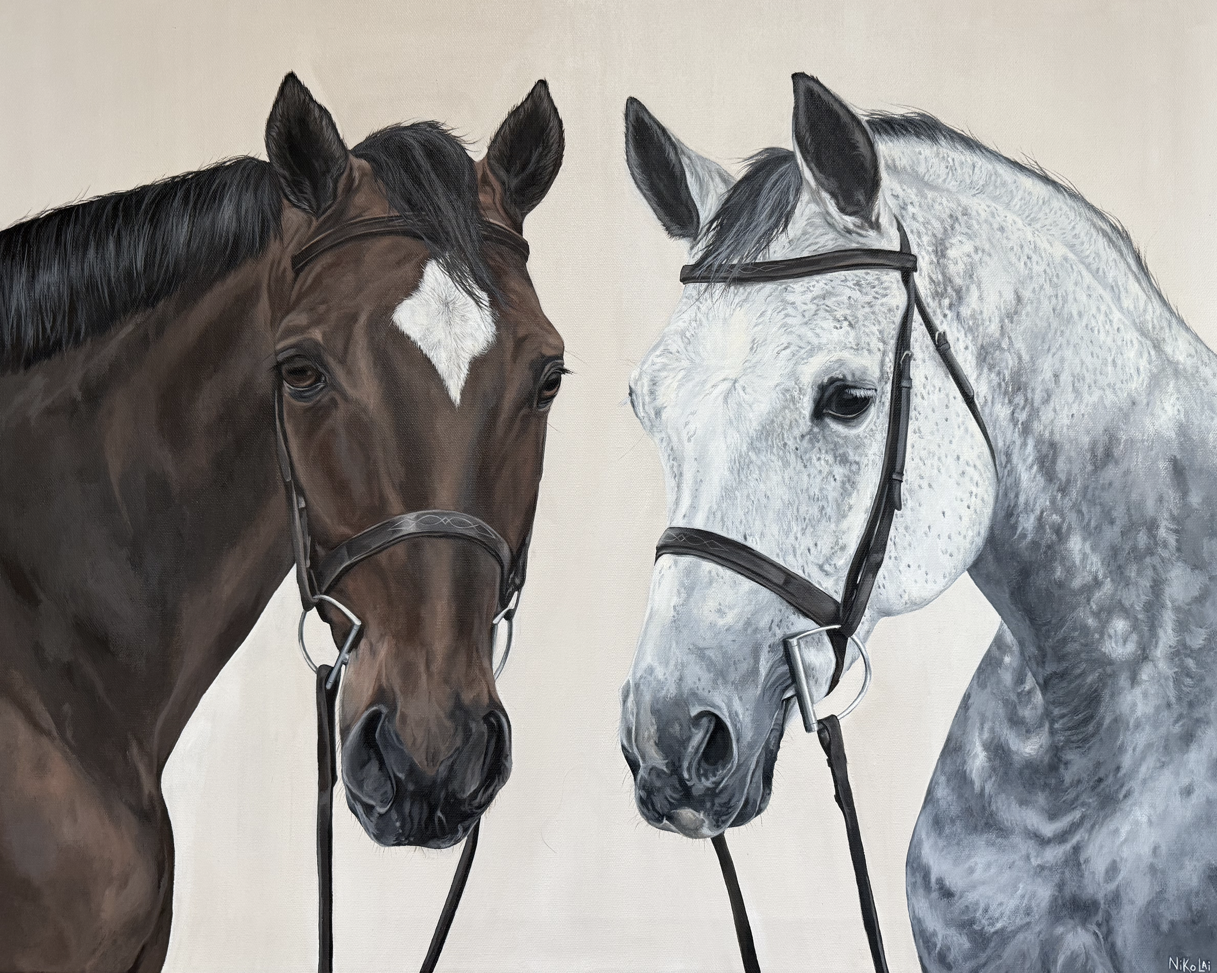 Custom realistic horse portrait entitled The Hunters by Canadian artist Carolyn Nikolai | Acrylic on gallery-wrapped canvas, 24 x 30, for sale