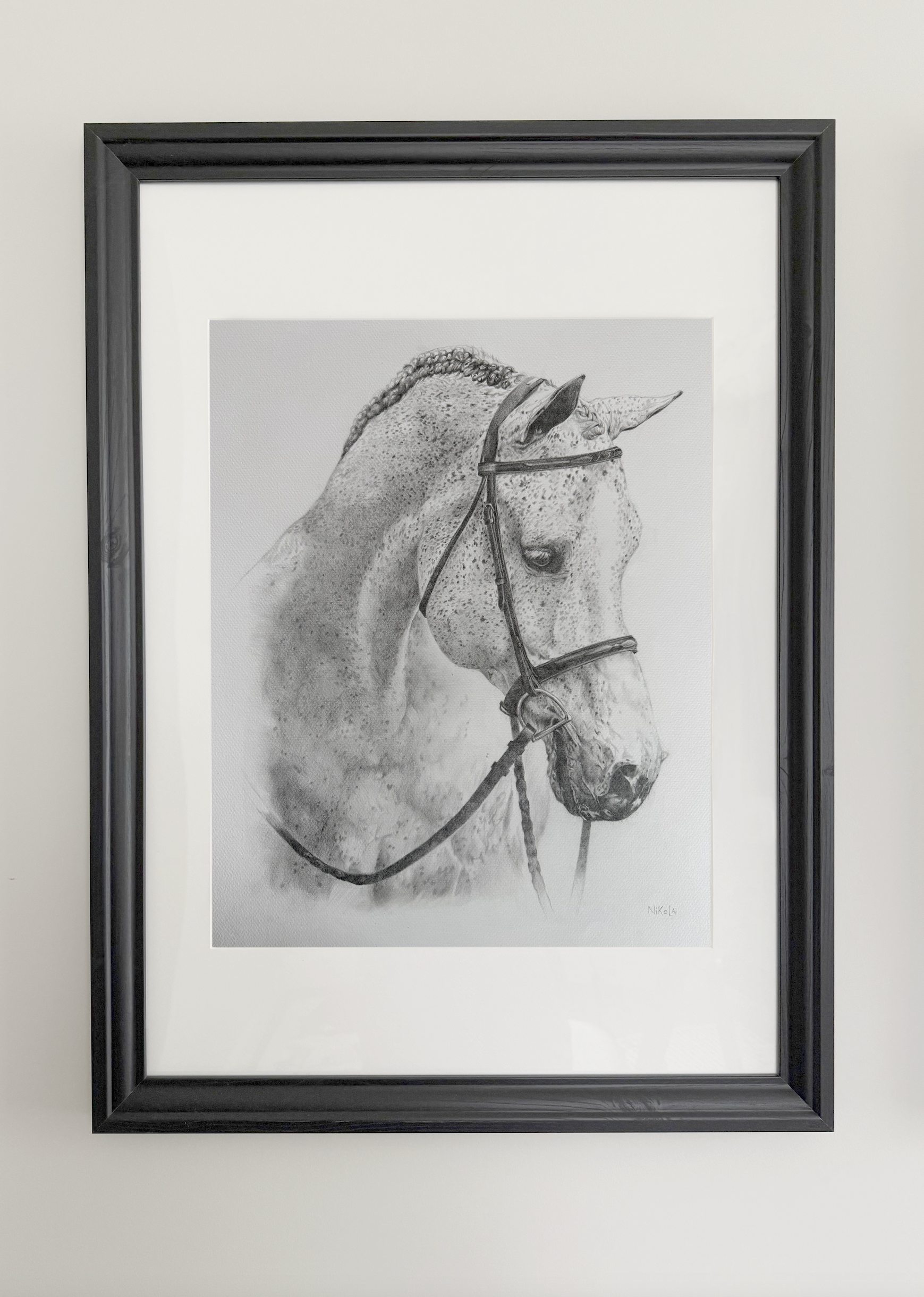 Custom realistic horse drawing entitled Delphine by Canadian artist Carolyn Nikolai | Graphite on Canson paper, framed and sold.