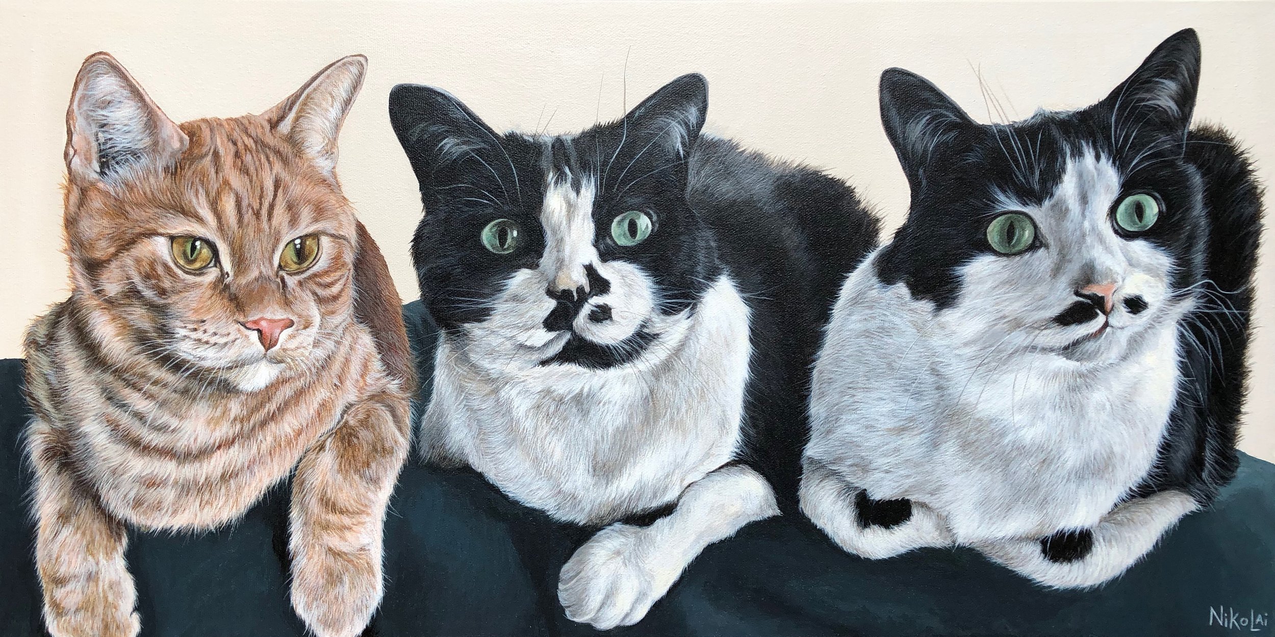  CAT TRIO | Acrylic on gallery style canvas, 12 x 24 