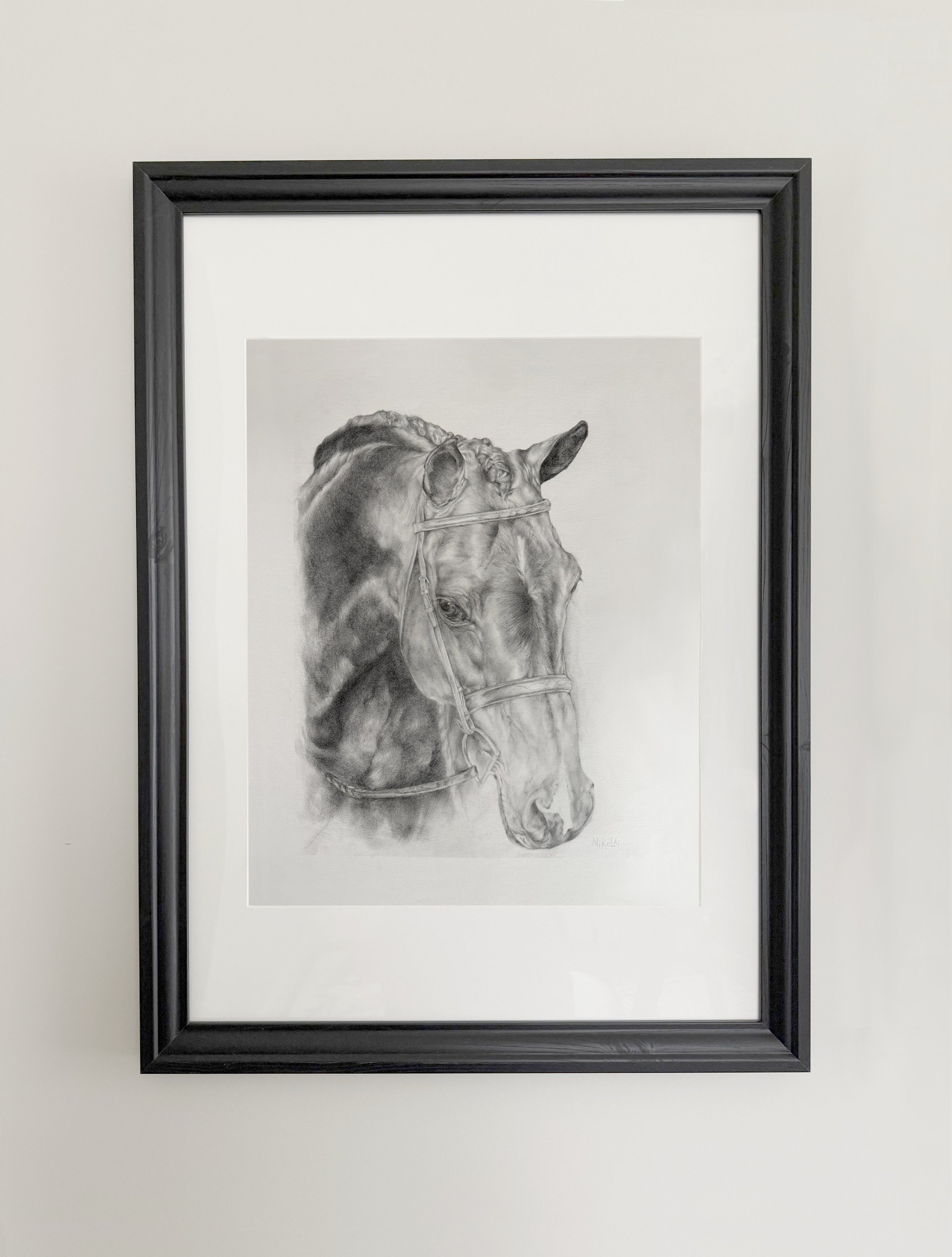 Custom realistic horse drawing entitled Alouette by Canadian artist Carolyn Nikolai | Graphite on Canson paper, framed and for sale