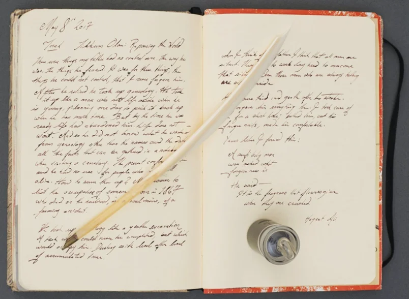 Tim McLaughlin’s Torah: a modified notebook of his writing, goose quill hand-cut by the artist, glass bottle of iron-gall ink made by the artist.