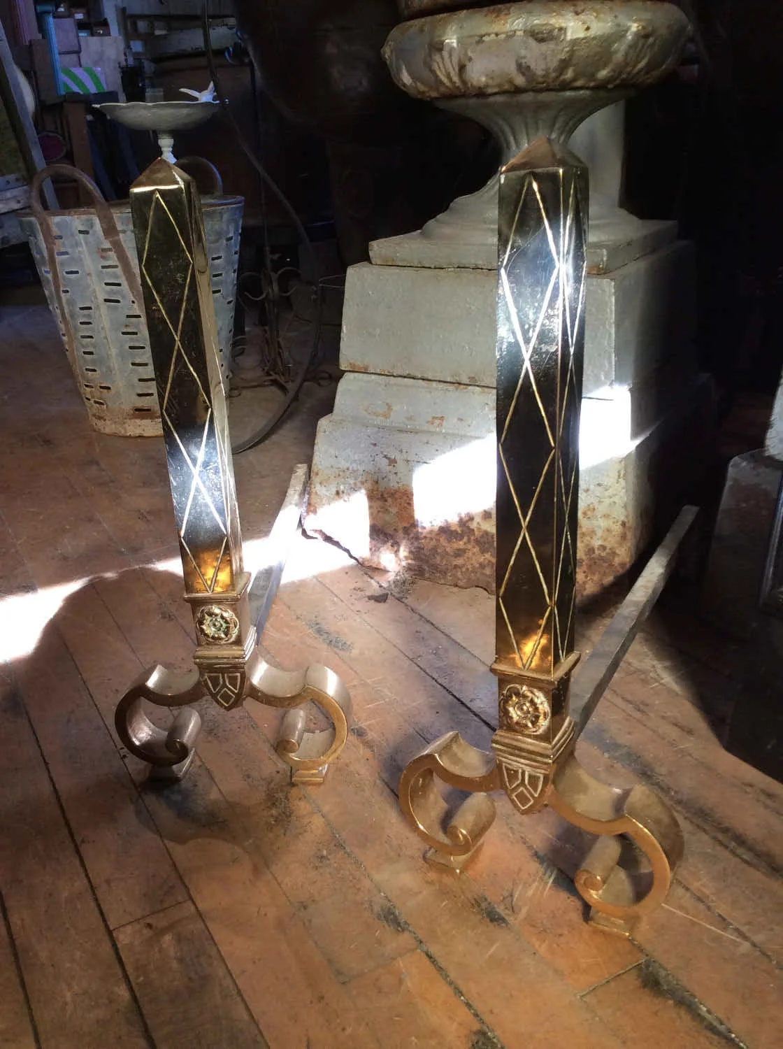 Pr. Georgian-Style Obelisk Andirons in Brass