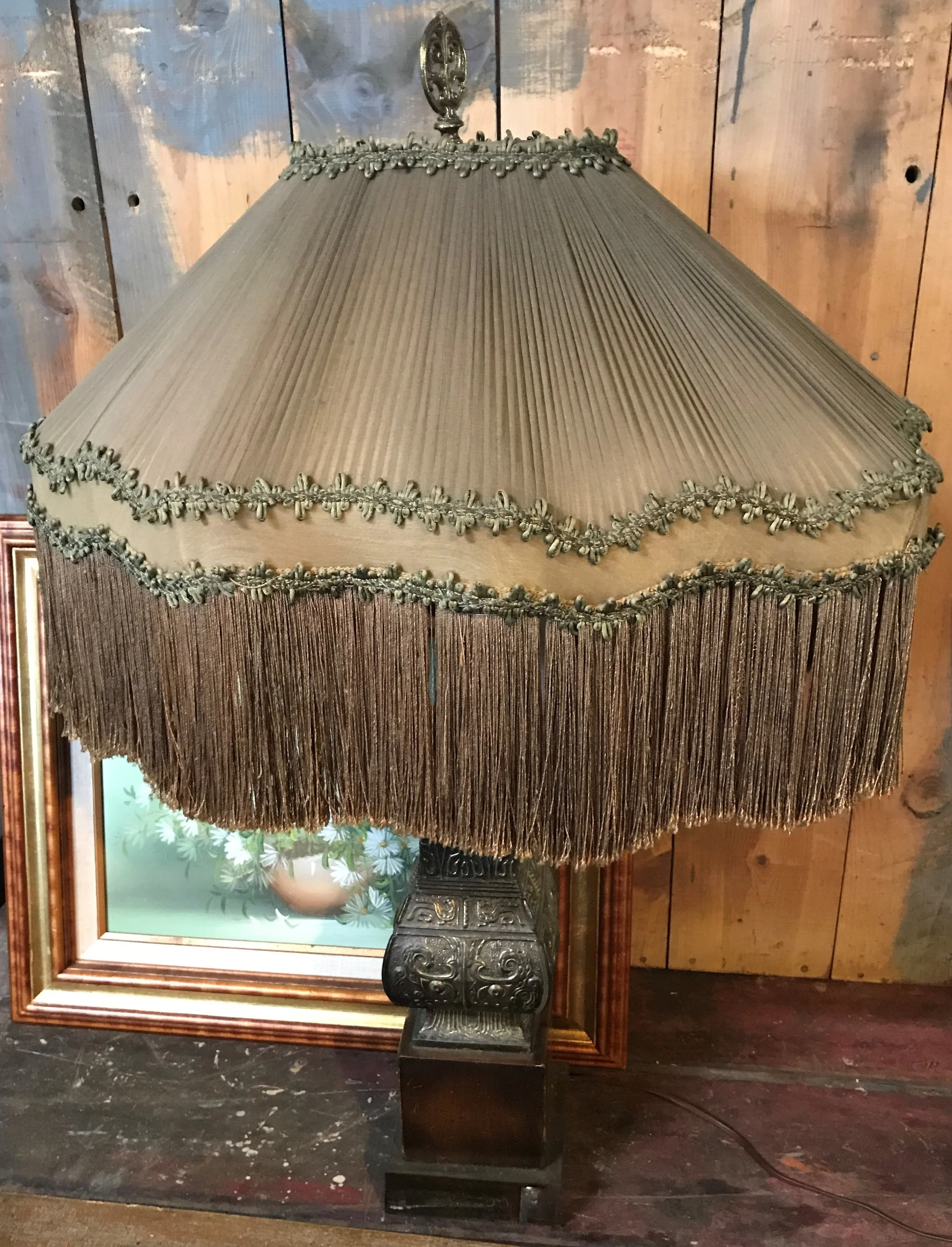 1920's Fringed Lampshade on Brass Chinese Archaic Style Base