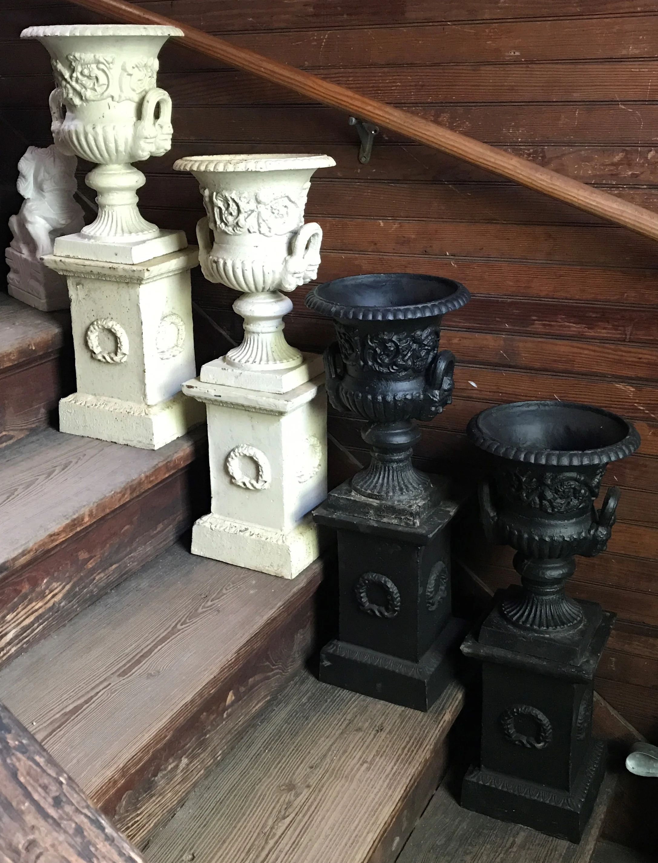 SOLD Pair Modern Cast Iron Urns on Plinth