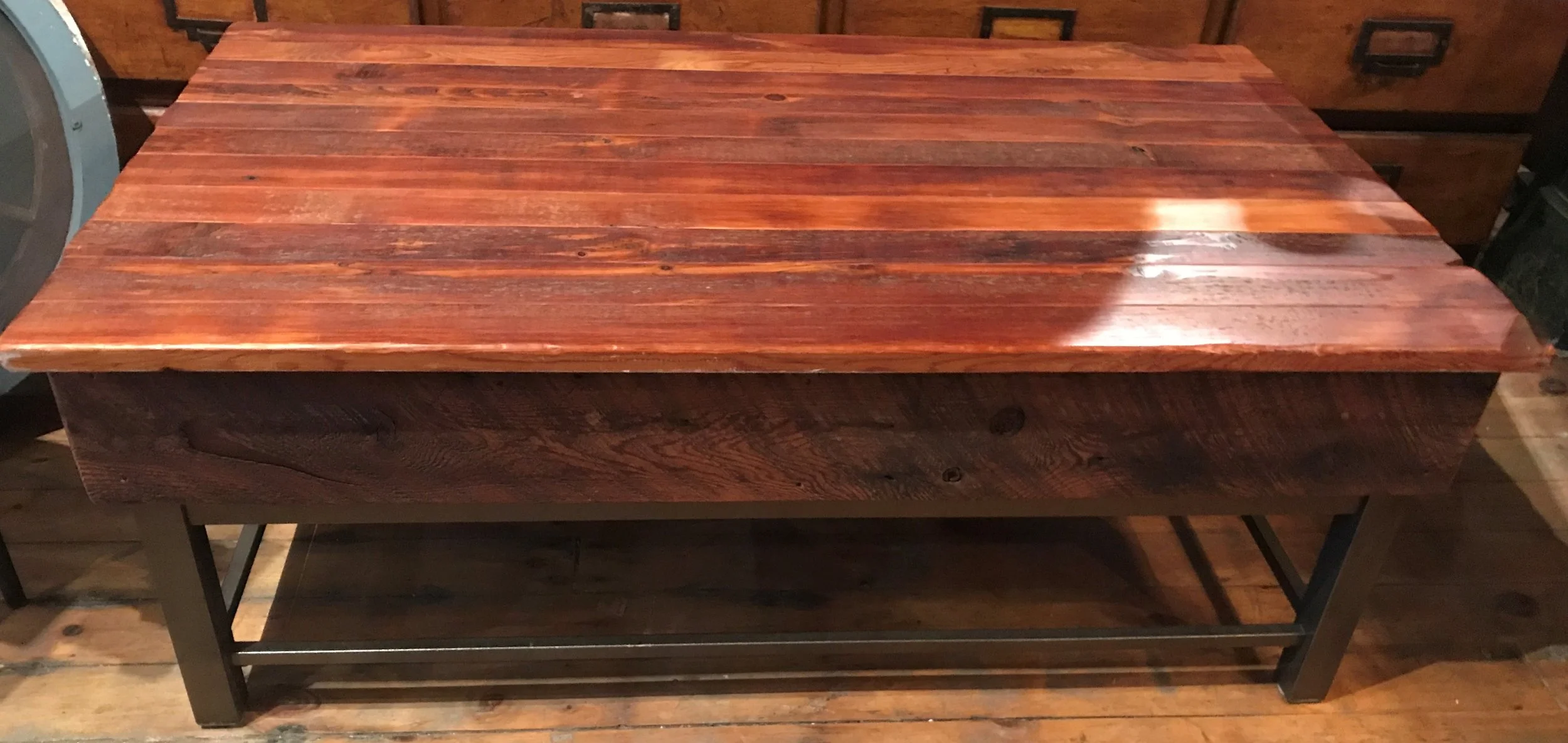 SOLD!!  Reclaimed wood coffee table with metal base