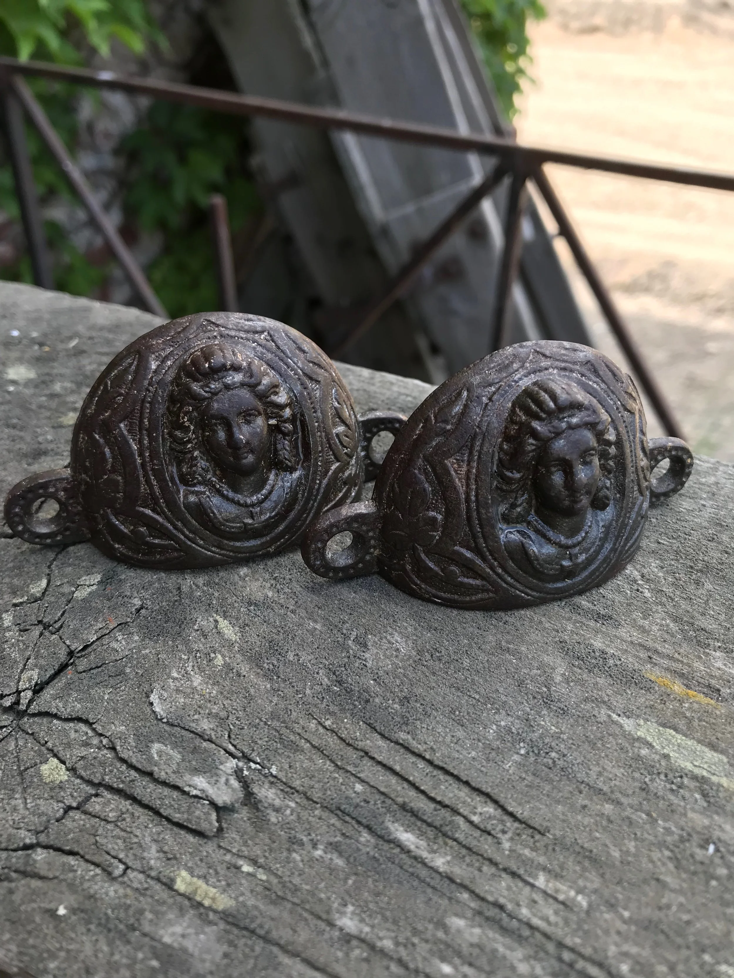 SOLD! Pair Antique cast iron figural bin pulls
