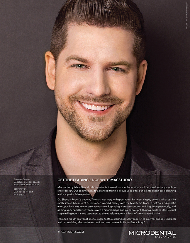 Featuring Thomas' handsome smile rejuvenation by Dr. Sheeba Robert, Humble, TX, our new Journal of Cosmetic Dentistry ad is out. Macstudio restorations by MicroDental Laboratories.