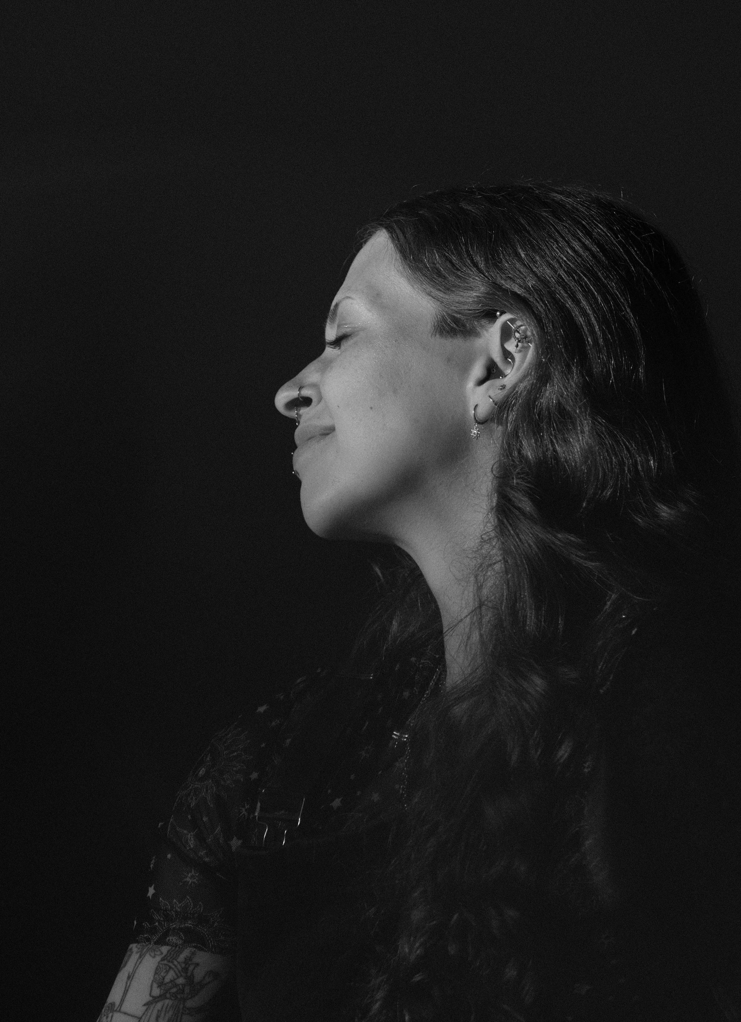 black and white portrait of woman's profile