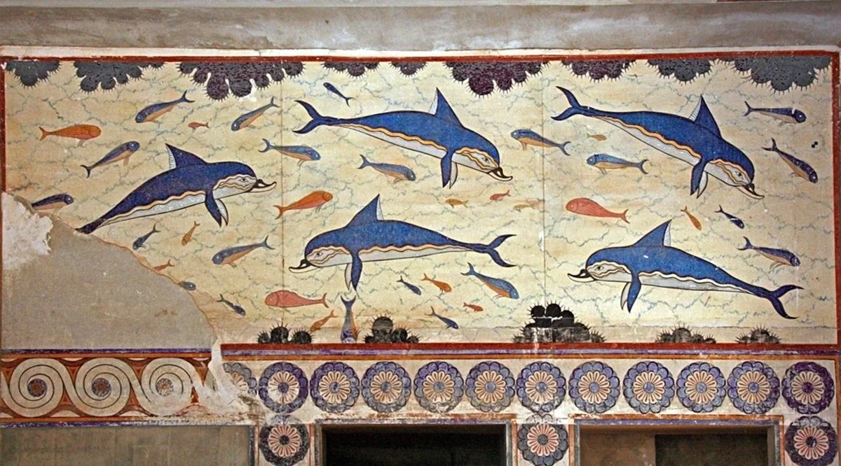 “Fresco of the Dolphins” in Knossos Palace, Crete, Greece. 1800-1400 b.c. This fresco is a fabulous example of early Minoan Painting, very interesting for its precise representation of the natural world without any human presence. Located in the Bath Hall -where such aquatic motifs were very suitable-, the “Fresco of the Dolphins” is an authentic masterpiece, for its undeniable decorative value and for its remarkable effect of movement. The restoration of the frescoes in the Knossos Palace at the beginning of the last century received criticism for the bright colors employed, yet the final result is probably close to the original aspect of the paintings, created at the heart of the Minoan splendor. More about the Bronze Age palace of Knossos: https://en.wikipedia.org/wiki/Knossos