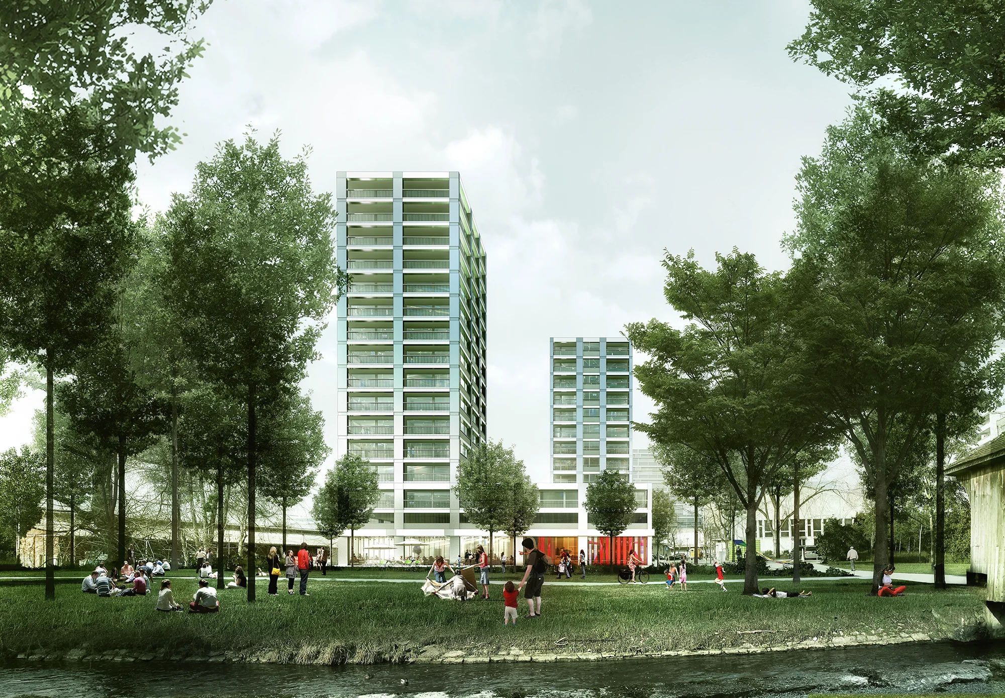 I worked on the housing towers while I was at EM2N. The project was developed in collaboration with Fabian Hörmann, Joao Lima, Mathias Müller, Daniel Niggli and Konrad Scheffer. The image production was done together with Luxigon.