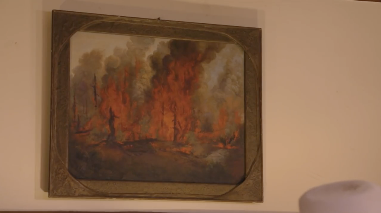 The plein aire painting on the living room wall by Sidney Dakins, circa 1910.