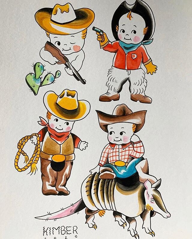 Cupie Cowboys by @boiled_peanut_ check out their page, Kimber has original art and merch for sale &amp; it&rsquo;s all bad ass #cupie #cowboy #tattooflash #tattoo #ttt #tttism #pdxtattoo #artist #art #supportsmallbusiness #supportlocal #supportartist