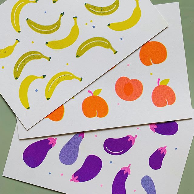 Fruity cuties going to the #buyoly20 show! Yes, I only print fruit now. 🍌🍑🍆